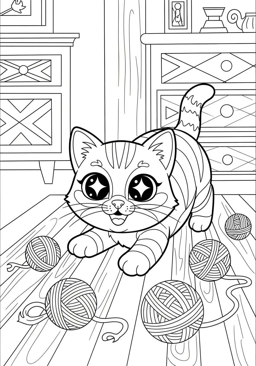 Playful Kitten Yarn Ball Chaos Coloring Page -- prompt: "black lines only Fun coloring book style illustration of an adorable kitten with large expressive eyes playing among colorful yarn balls scattered across a cozy living room, featuring bold black outlines, simple shapes, and cheerful patterns perfect for coloring. flat black lines, premium coloring page, coloring sheet, line drawing, Coloring Book, NO COLOR, NO SHADING, WHITE BACKGROUND. NO GRAY, BLACK AND WHITE, NO COLOR" -- This amusing coloring page captures the chaos of a curious kitten playing with multiple balls of yarn scattered around a cozy living room. The kitten's paws are tangled in colorful yarn while its mischievous expression shows pure delight in the mess it's created. Pet lovers will chuckle at this relatable scene of feline mischief.