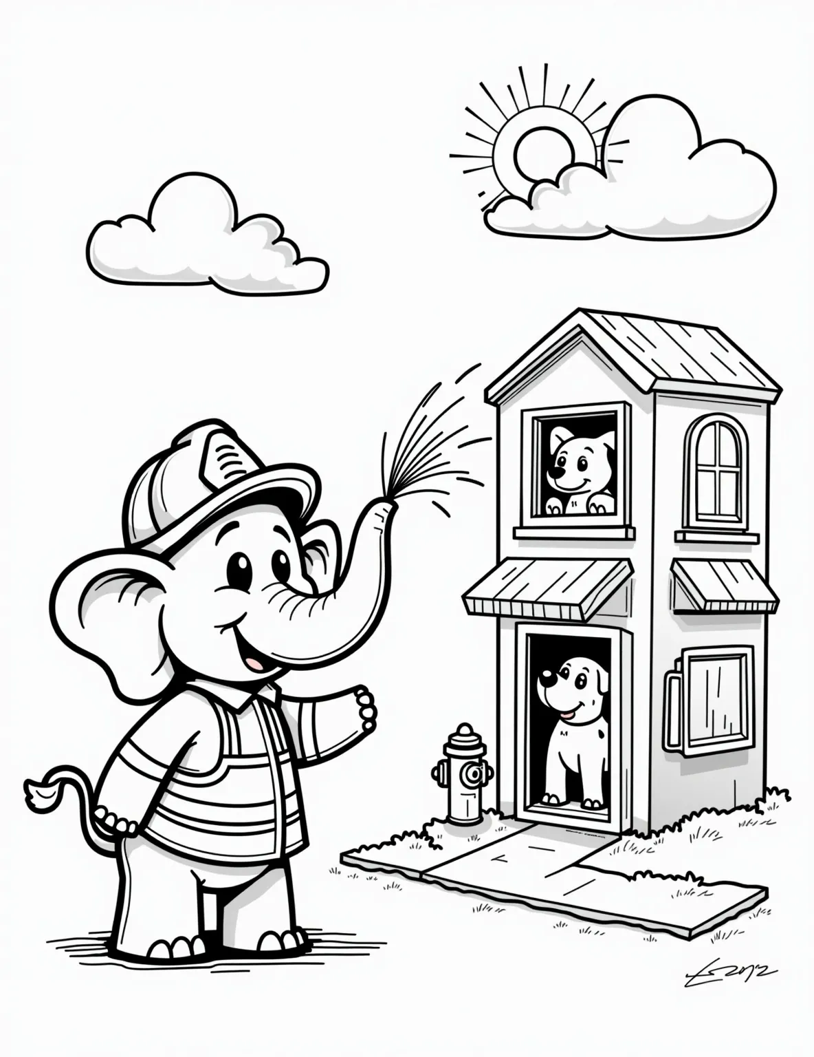 Elephant Firefighter Hero Coloring Page -- prompt: "black lines only Playful elephant firefighter, bold black outlines, trunk spraying water on flames. Cartoonish fire station with dalmatian peeking out. Simple shapes, thick lines for easy coloring. Smiling sun, fluffy clouds. Fire hydrant, ladder, hose reel. Child-friendly scene ready for vibrant colors. flat black lines, premium coloring page, coloring sheet, line drawing, Coloring Book, NO COLOR, NO SHADING, WHITE BACKGROUND. NO GRAY, BLACK AND WHITE, NO COLOR" -- Celebrate bravery with this elephant firefighter coloring page. The elephant is wearing a firefighter hat and using its trunk as a powerful water hose. This page is great for discussing heroes and community helpers with children.