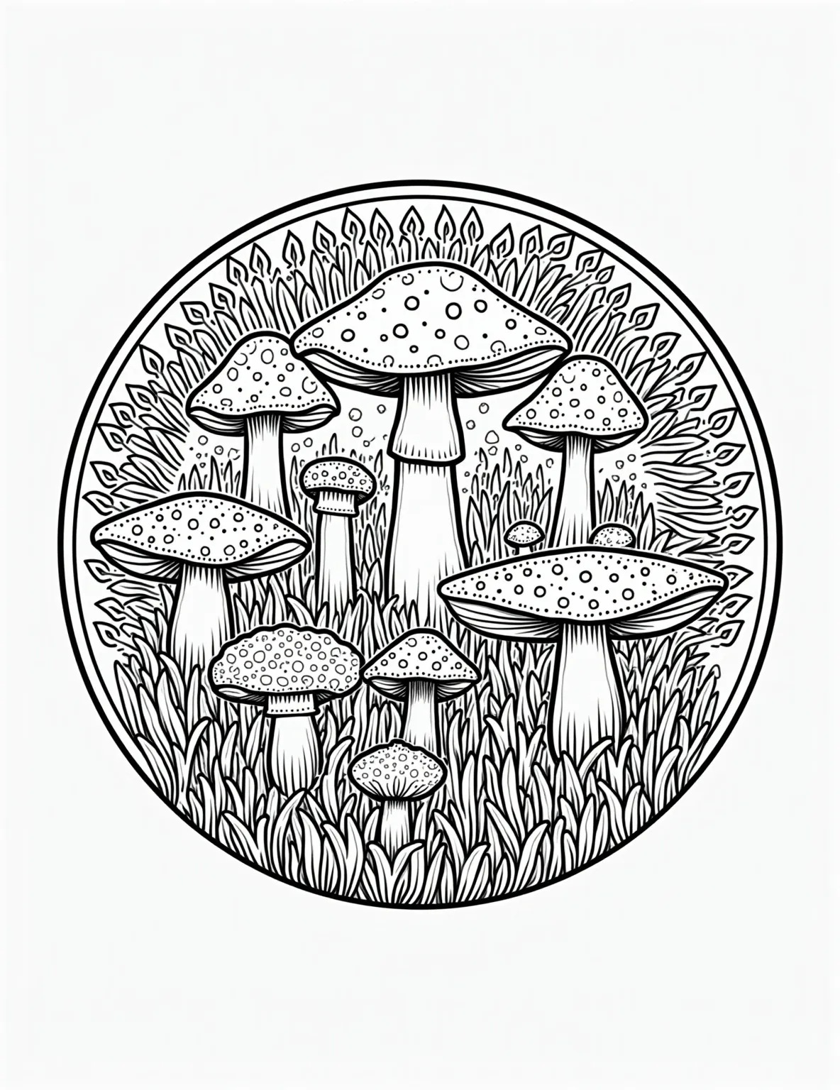 Mushroom Mandala -- prompt: "black lines only A circular mandala coloring page bursting with playful mushroom shapes. Amanitas with polka-dot caps, puffballs, morels, and chanterelles intertwine in a symmetrical pattern. Thick, bold outlines define each fungus, inviting colorists to bring the whimsical forest floor design to life. Fun, stylized flat black lines, premium coloring page, coloring sheet, line drawing, Coloring Book, NO COLOR, NO SHADING, WHITE BACKGROUND. NO GRAY, BLACK AND WHITE, NO COLOR" -- Dive into a world of intricate patterns with this mushroom-themed mandala. Various mushroom shapes and sizes are arranged in a circular, symmetrical design, creating a mesmerizing and calming image. This page is ideal for adults or older children who enjoy detailed coloring projects.