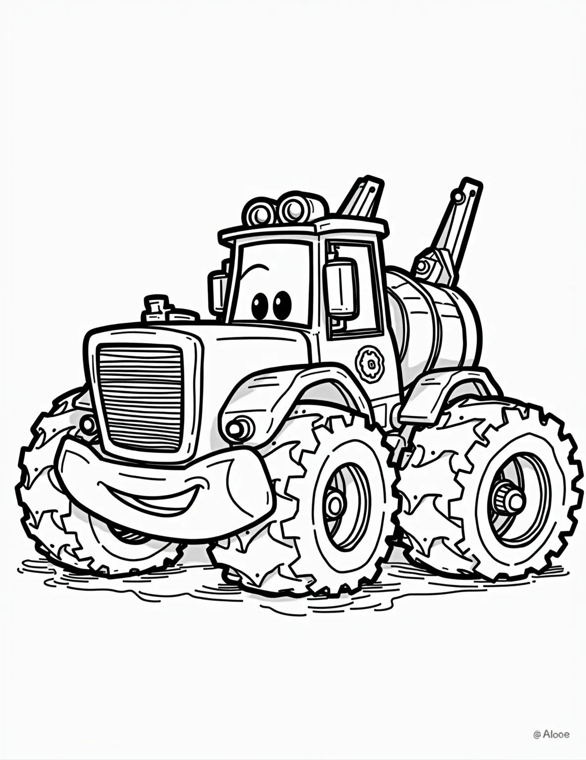 Rubble's Mega Machine Mash-up -- prompt: "black lines only Rubble, the cheerful bulldog pup, maneuvers an enormous hybrid vehicle. Oversized wheels, a bulldozer blade, crane arm, and cement mixer swirl together. Bold outlines define each element. Chunky gears and levers dot the machine. Rubble grins, paw on a comically large steering wheel. Construction site background with simple shapes. flat black lines, premium coloring page, coloring sheet, line drawing, Coloring Book, NO COLOR, NO SHADING, WHITE BACKGROUND. NO GRAY, BLACK AND WHITE, NO COLOR" -- Witness Rubble's ultimate construction creation in this wild coloring page! The scene shows Rubble operating a massive, over-the-top vehicle that combines elements from all his different machines. Kids with big imaginations will have a blast coloring this outrageous and fun Paw Patrol invention.