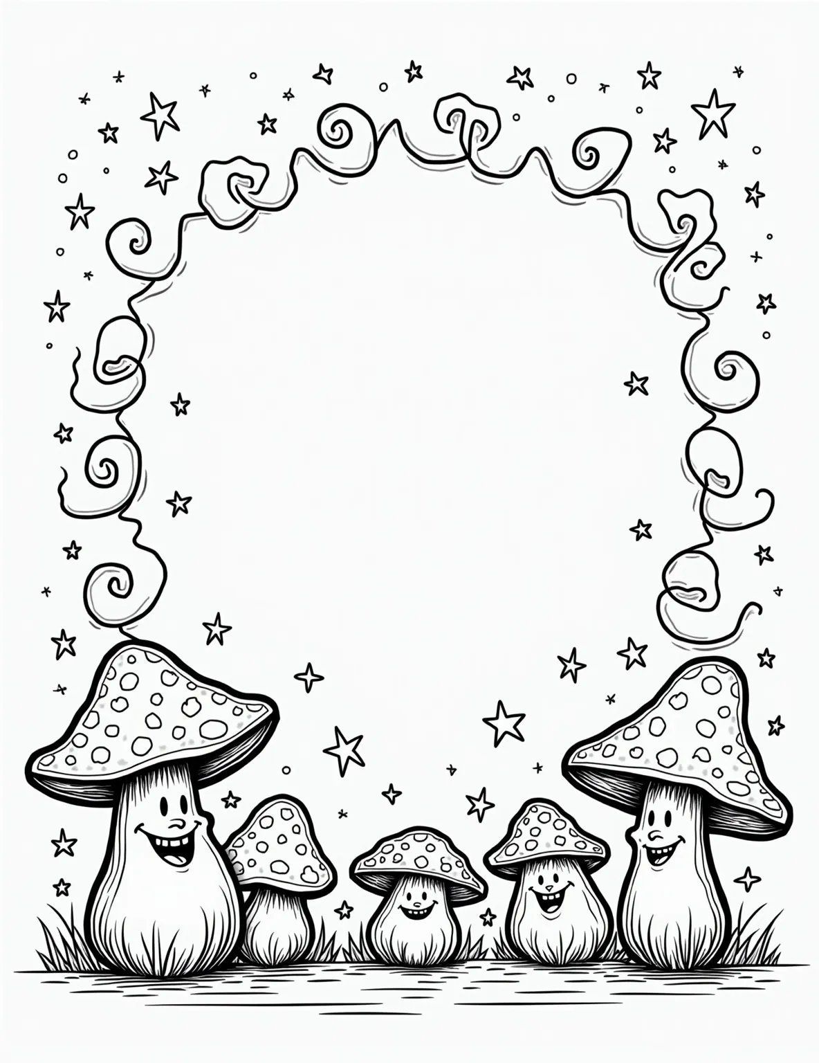 Mushroom Emoji Collection -- prompt: "black lines only Playful mushroom characters with expressive faces populate a whimsical coloring book page. Dotted caps, swirling patterns, and bold outlines invite creative coloring. Smiling, frowning, and surprised fungi of various sizes dance across the page, surrounded by decorative elements like stars and spirals. Thick, clean lines define each shape, perfect for coloring enthusiasts. flat black lines, premium coloring page, coloring sheet, line drawing, Coloring Book, NO COLOR, NO SHADING, WHITE BACKGROUND. NO GRAY, BLACK AND WHITE, NO COLOR" -- Bring the digital world to your coloring book with this fun mushroom emoji page. Various mushroom characters display different emotions and expressions, from happy and silly to cool and surprised. It's a modern twist on the classic mushroom theme.