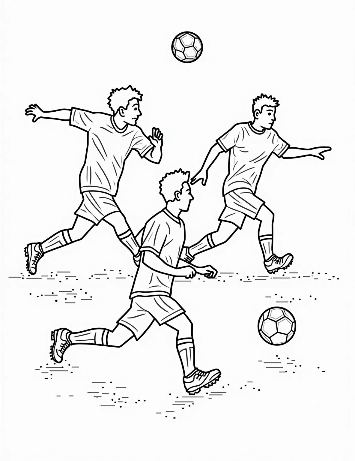 Soccer Player Silhouettes -- prompt: "black lines only Soccer players' dynamic silhouettes leap across coloring book pages. Thick, bold outlines capture mid-kick, diving saves, and victory poses. Dotted lines trace ball trajectories. Empty spaces invite creative coloring. Playful soccer ball patterns border each page, evoking childhood joy and team spirit. flat black lines, premium coloring page, coloring sheet, line drawing, Coloring Book, NO COLOR, NO SHADING, WHITE BACKGROUND. NO GRAY, BLACK AND WHITE, NO COLOR" -- This artistic coloring page features a series of soccer player silhouettes in various action poses. The silhouettes show players kicking, heading, and running with the ball. This page offers a unique coloring experience, allowing for creative color choices within the silhouette shapes.