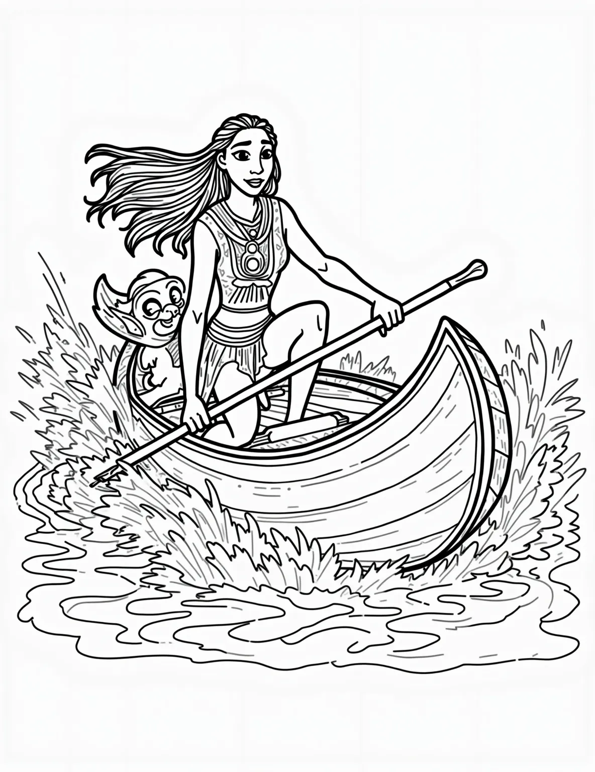 Pocahontas' River Rapids -- prompt: "black lines only Pocahontas navigates swirling river rapids in a sturdy canoe, her hair flowing. Meeko clings to the bow, wide-eyed. Flit hovers nearby. Bold outlines define characters and nature elements. Simplified shapes and patterns ideal for coloring. Playful, adventurous scene with Native American motifs. flat black lines, premium coloring page, coloring sheet, line drawing, Coloring Book, NO COLOR, NO SHADING, WHITE BACKGROUND. NO GRAY, BLACK AND WHITE, NO COLOR" -- Join Pocahontas on a thrilling canoe ride in this dynamic coloring page. Our nature-loving princess is navigating through rushing rapids, with Meeko and Flit holding on tight. The lush forest background and splashing water offer plenty of opportunities for vibrant coloring.