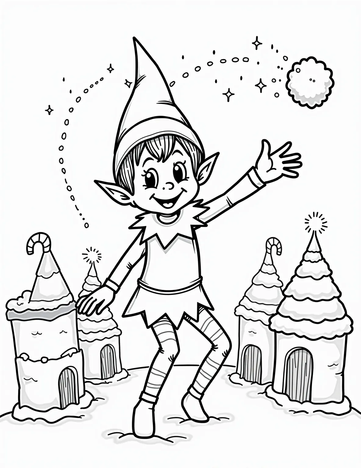 Elf's Snowball Fight -- prompt: "black lines only Bold black outlines depict mischievous Elf on Shelf mid-throw, arm cocked back. Surrounding him, simplified snow forts with curved edges. Snowball's trajectory marked by dotted line. Background filled with swirling snowflakes. Empty spaces await coloring. Playful scene captures winter fun, inviting artistic expression. flat black lines, premium coloring page, coloring sheet, line drawing, Coloring Book, NO COLOR, NO SHADING, WHITE BACKGROUND. NO GRAY, BLACK AND WHITE, NO COLOR" -- Join the fun in this action-packed coloring page featuring our Elf on the Shelf engaged in a playful snowball fight. The elf is shown mid-throw, with a perfectly round snowball ready to fly. Surrounding him are piles of snow and partially built snow forts, setting the scene for winter excitement.