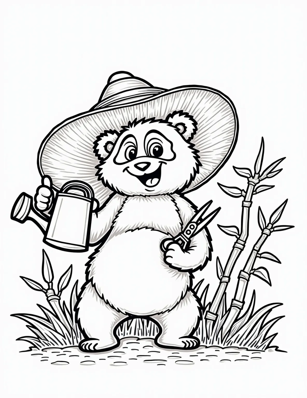 Panda's Bamboo Garden Coloring Page -- prompt: "black lines only A jovial panda bear in a straw hat tends a lush bamboo garden. Holding an oversized watering can and comically large pruning shears, the panda is surrounded by bold, thick outlines perfect for coloring. Simplistic bamboo stalks and leaves create fun, easy-to-color shapes. flat black lines, premium coloring page, coloring sheet, line drawing, Coloring Book, NO COLOR, NO SHADING, WHITE BACKGROUND. NO GRAY, BLACK AND WHITE, NO COLOR" -- Explore the green thumb side of pandas with this delightful coloring page. It features a panda tending to a lush bamboo garden, complete with a watering can and gardening tools. This scene offers a chance to create a vibrant green palette and add details to the various plants and gardening elements.