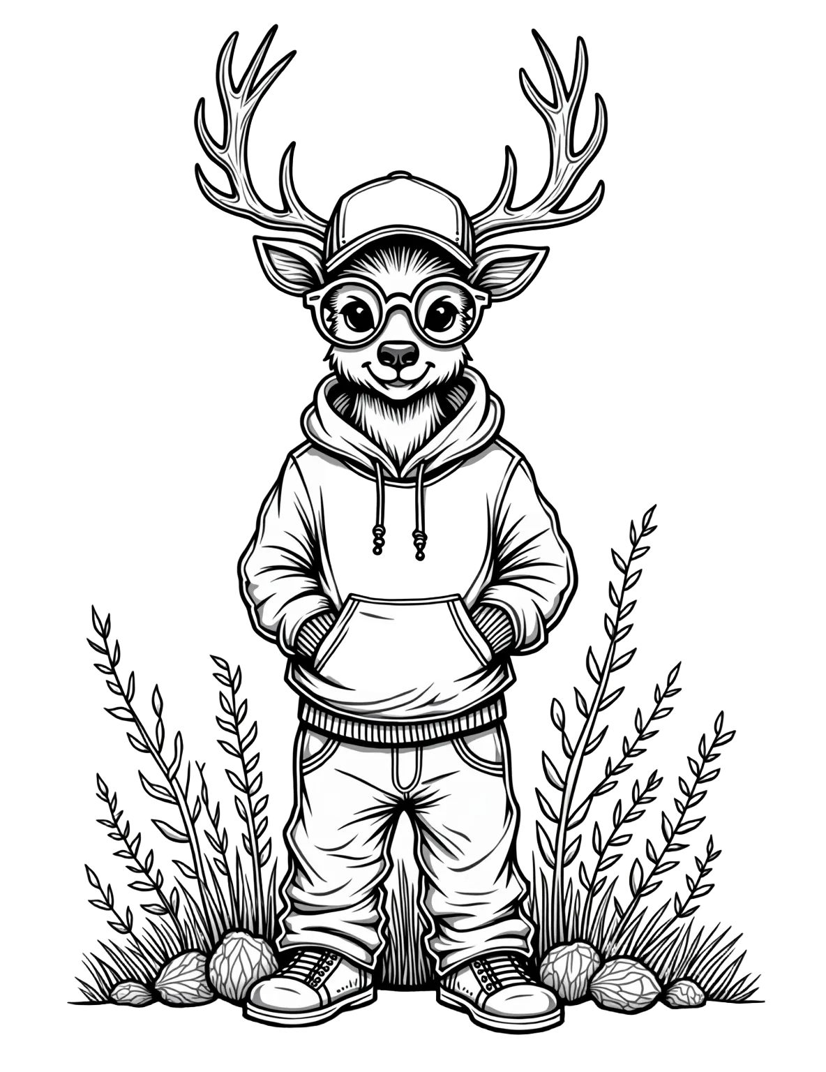 deer, baseball hat, hoodie, pants, glasses