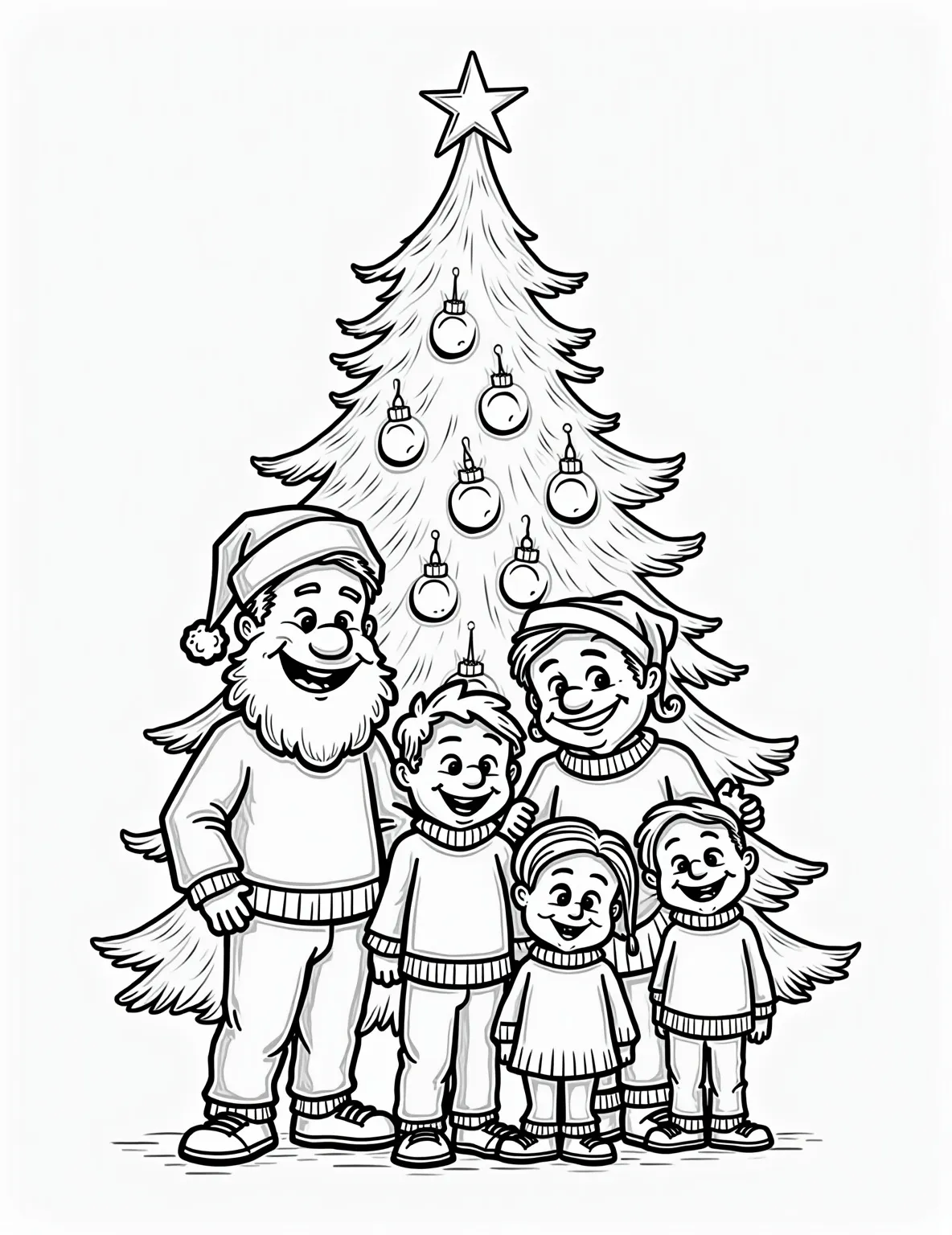 Christmas Light Framed Family Portrait Coloring Page -- prompt: "black lines only Cheerful family of five poses in front of twinkling Christmas tree. Bold outlines frame each smiling face, festive sweaters, and ornaments. Thick, wavy border of oversized bulbs surrounds the scene. Empty spaces await colorful imagination. Joyful holiday coloring page design. flat black lines, premium coloring page, coloring sheet, line drawing, Coloring Book, NO COLOR, NO SHADING, WHITE BACKGROUND. NO GRAY, BLACK AND WHITE, NO COLOR" -- A heartwarming family portrait set within a frame of twinking Christmas lights takes center stage in this coloring page. The family members, dressed in holiday attire, stand before a decorated Christmas tree. This page celebrates the joy of family during the festive season.