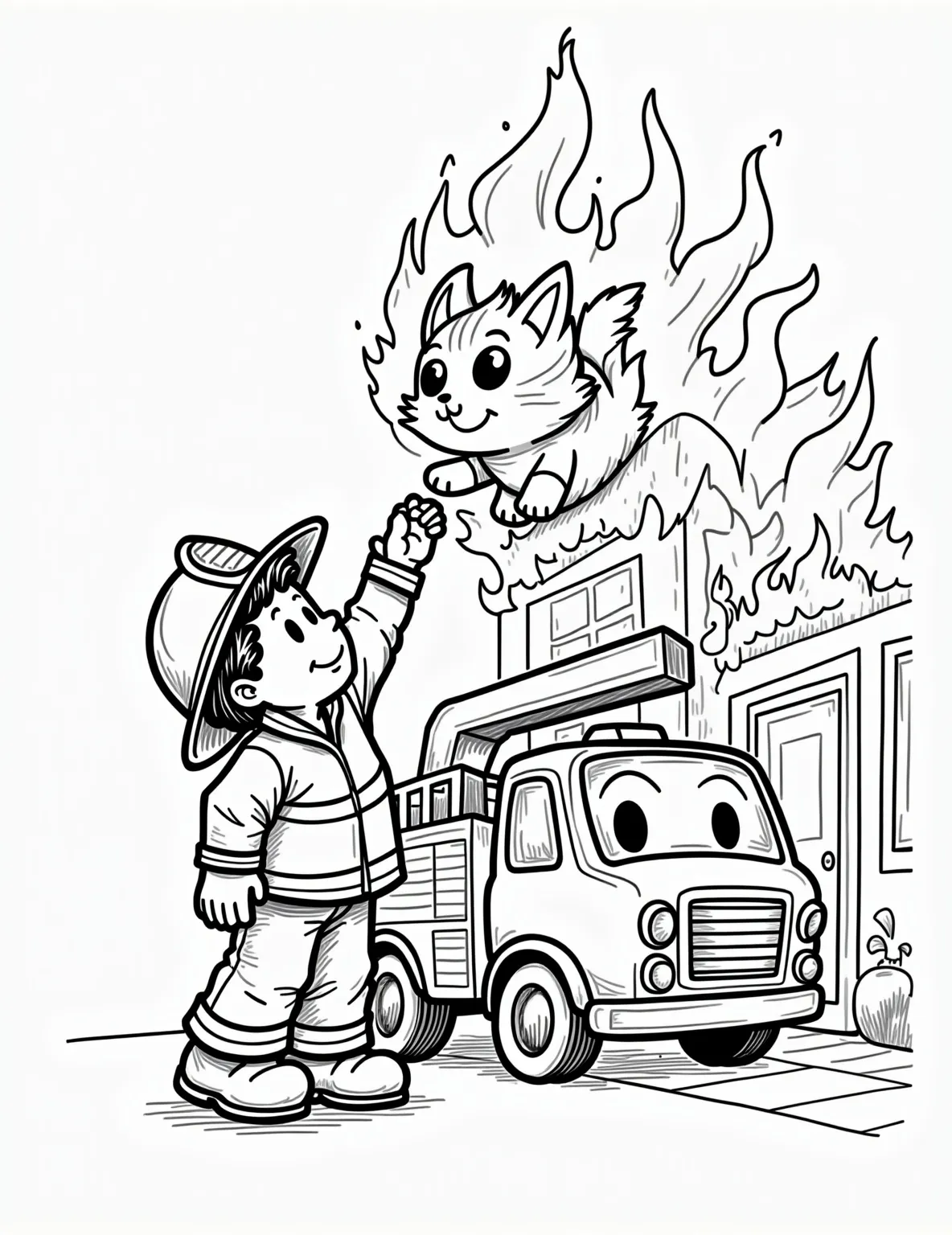 Heroic Firefighter Boy Rescue Coloring Page -- prompt: "black lines only Bold black outlines frame a brave boy in oversized firefighter gear, reaching for a wide-eyed cat atop a cartoonish burning building. Nearby, a chunky fire truck with exaggerated features stands ready. Simple shapes and thick lines create an engaging, child-friendly coloring page scene. flat black lines, premium coloring page, coloring sheet, line drawing, Coloring Book, NO COLOR, NO SHADING, WHITE BACKGROUND. NO GRAY, BLACK AND WHITE, NO COLOR" -- This action-packed coloring page features a brave young boy dressed as a firefighter, rescuing a cat from a burning building. The scene is filled with dramatic flames, a fire truck with a ladder, and cheering onlookers. It's an inspiring page that celebrates courage and the spirit of helping others.