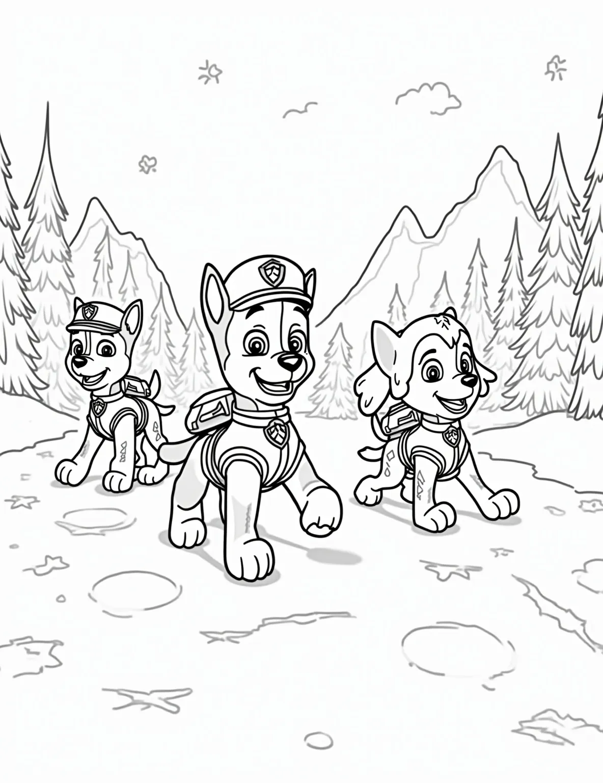 Paw Patrol Winter Rescue -- prompt: "black lines only Paw Patrol pups, outlined in bold black lines, rescue snow-covered animals. Simplified winter vehicles and gear fill the page. Snowflakes, pine trees, and icy mountains create a playful backdrop. Empty spaces invite coloring creativity. Chase leads, Marshall follows, Skye hovers overhead. flat black lines, premium coloring page, coloring sheet, line drawing, Coloring Book, NO COLOR, NO SHADING, WHITE BACKGROUND. NO GRAY, BLACK AND WHITE, NO COLOR" -- Bundle up for a chilly adventure with the Paw Patrol team! This winter-themed coloring page shows the pups working together to rescue a group of animals trapped by a snowstorm. Snow-covered landscapes and icy obstacles add to the wintery feel. It's perfect for seasonal coloring during the colder months.