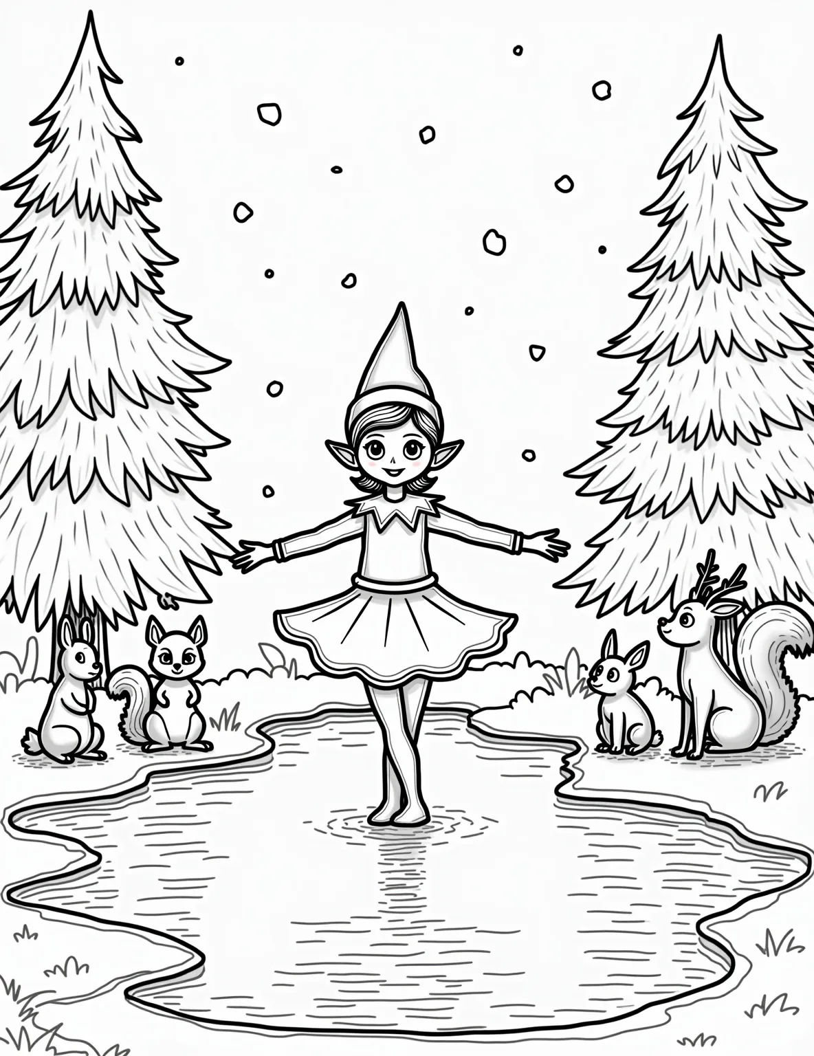 Elf's Ice Skating Spectacular -- prompt: "black lines only Adorable Elf on the Shelf figure skater twirls gracefully on frozen pond. Bold, thick outlines define charming woodland creatures spectators. Simple, child-friendly shapes create a delightful scene. Large, empty spaces invite coloring creativity. Playful winter wonderland awaits vibrant hues. Fun coloring book style coloring page. flat black lines, premium coloring page, coloring sheet, line drawing, Coloring Book, NO COLOR, NO SHADING, WHITE BACKGROUND. NO GRAY, BLACK AND WHITE, NO COLOR" -- Glide into winter fun with this graceful coloring page. Our Elf on the Shelf is pictured performing an elegant figure skating routine on a frozen pond. Snowflakes fall gently around the elf, and woodland creatures watch from the sidelines, creating a serene winter scene.