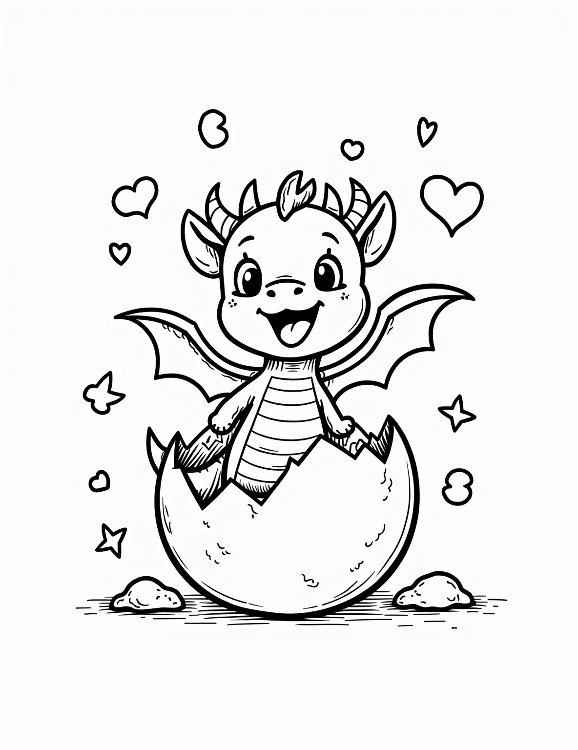 Cute Baby Dragon Hatching Coloring Page -- prompt: "black lines only Adorable cartoon baby dragon emerging from cracked egg, wide-eyed wonder. Tiny wings unfurled, scales outlined in bold. Egg fragments scattered. Simple, clean lines perfect for coloring. Cheerful scene with playful details like swirls and stars. Inviting design for all ages. flat black lines, premium coloring page, coloring sheet, line drawing, Coloring Book, NO COLOR, NO SHADING, WHITE BACKGROUND. NO GRAY, BLACK AND WHITE, NO COLOR" -- Aww! This adorable coloring page showcases a baby dragon just emerging from its egg. Its big eyes and tiny wings make for an irresistibly cute scene. This page is ideal for younger children or anyone who enjoys coloring sweet, cartoon-style dragons.