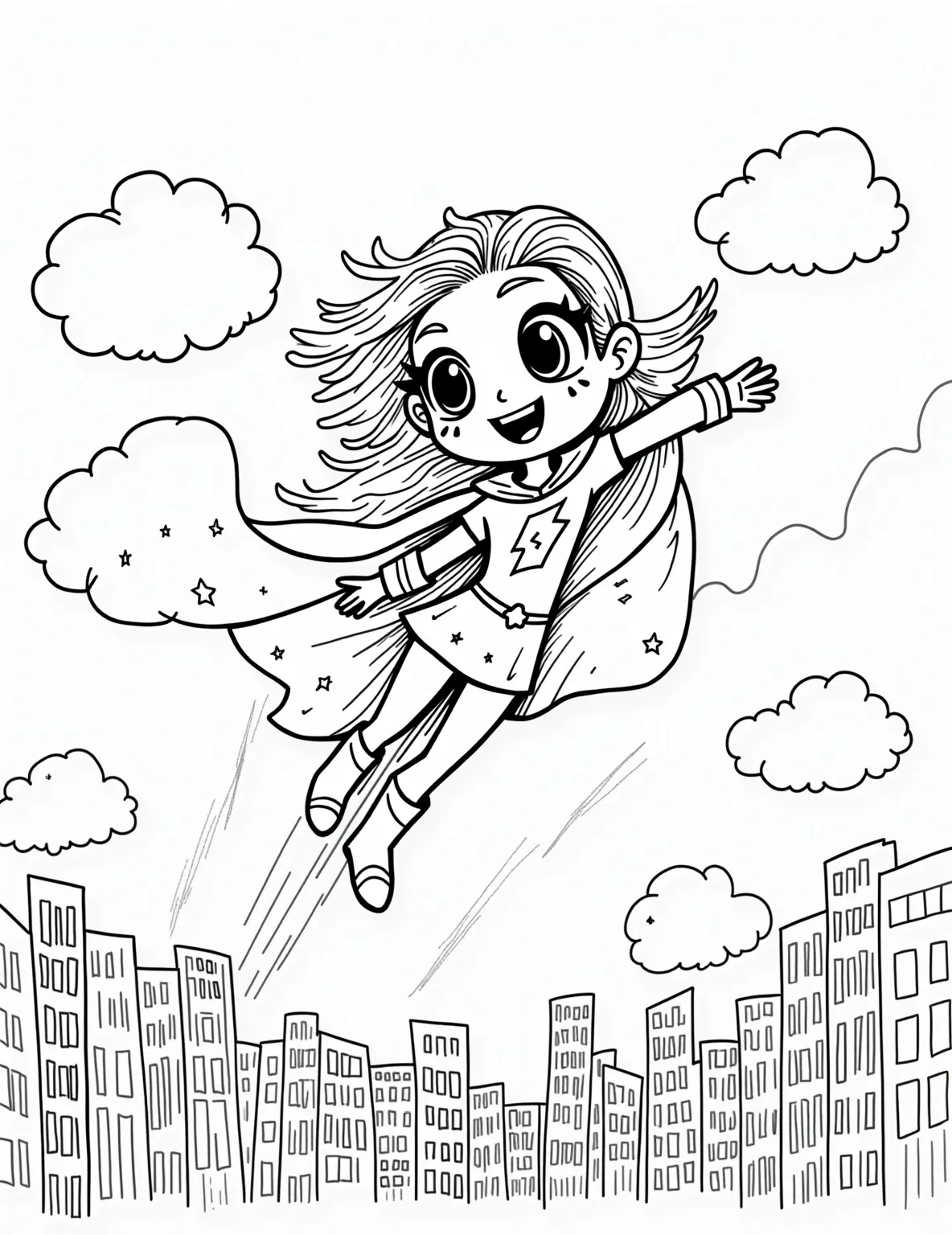 Superhero Girl Saves the Day -- prompt: "black lines only Cheerful girl superhero soars above city, cape billowing. Her vibrant costume features playful emblem. Skyline outlined in bold, thick lines. Clouds, buildings, and hero await coloring. Empty spaces invite creativity. Simplified shapes perfect for young artists to fill with imagination. flat black lines, premium coloring page, coloring sheet, line drawing, Coloring Book, NO COLOR, NO SHADING, WHITE BACKGROUND. NO GRAY, BLACK AND WHITE, NO COLOR" -- Empower young colorists with this dynamic superhero girl coloring page. Our brave heroine is shown mid-flight, cape billowing behind her, with a cityscape in the background. Her costume features a unique emblem, perfect for adding your own color scheme.