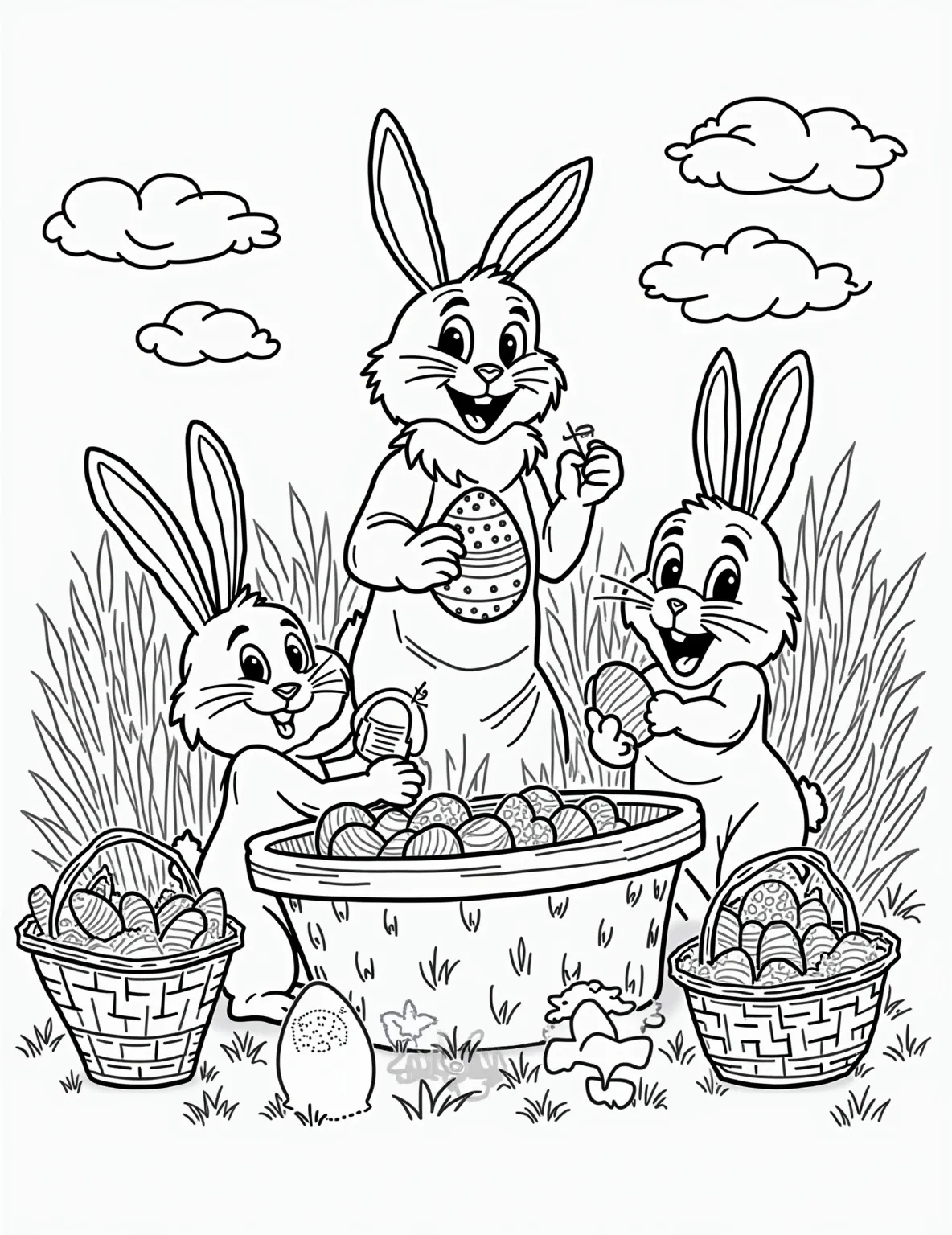 Easter Bunny's Workshop -- prompt: "black lines only Easter Bunny's workshop bursts with activity. Cheerful bunnies outline eggs with bold patterns, fill baskets with colorful treats, and operate fantastical egg-making contraptions. Fluffy clouds frame the scene, inviting children to bring this joyful spring celebration to life with crayons. flat black lines, premium coloring page, coloring sheet, line drawing, Coloring Book, NO COLOR, NO SHADING, WHITE BACKGROUND. NO GRAY, BLACK AND WHITE, NO COLOR" -- Peek inside the secret world of the Easter Bunny's workshop with this detailed coloring page. The industrious bunny is shown painting eggs, while helper bunnies pack baskets and wrap presents. The workshop is filled with Easter-themed decorations, egg-painting stations, and magical egg-producing machines.