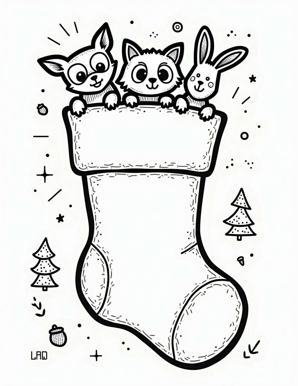 Woodland Creatures Stocking Coloring Page -- prompt: "black lines only Oversized Christmas stocking outline with bold, chunky lines. Inside, cartoonish woodland animals peek out: wide-eyed owl, grinning fox, curious deer, fluffy rabbit. Surrounding forest elements include simplified pine trees, round mushrooms, acorns, and pinecones. Perfect for coloring fun. flat black lines, premium coloring page, coloring sheet, line drawing, Coloring Book, NO COLOR, NO SHADING, WHITE BACKGROUND. NO GRAY, BLACK AND WHITE, NO COLOR" -- This charming coloring page showcases a stocking filled with adorable woodland creatures. The stocking features a fox, owl, deer, and rabbit peeking out from behind pine trees and mushrooms. Acorns and pinecones decorate the cuff.