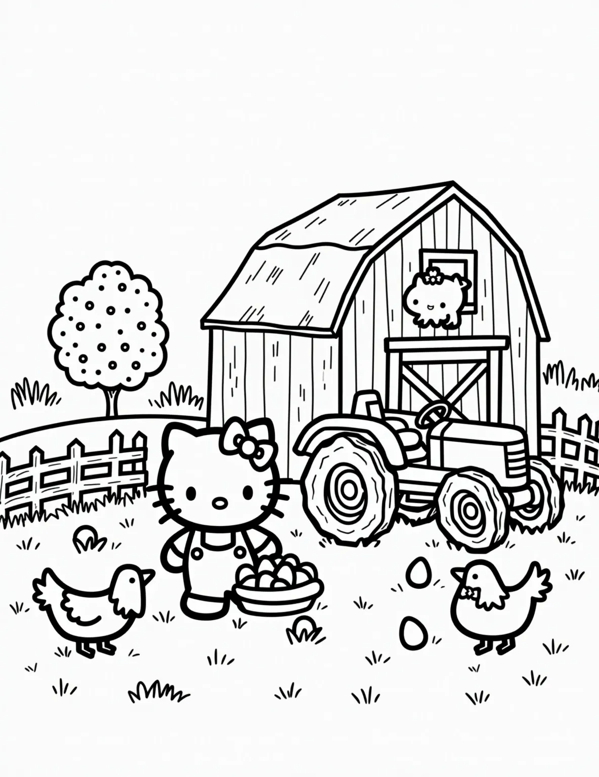 Hello Kitty's Farm Visit -- prompt: "black lines only Hello Kitty's farm adventure coloring page: Cheerful Kitty feeds plump chickens, gathers eggs in a basket. Rustic barn, vintage tractor, and smiling farm animals dot the background. Bold outlines, simple shapes, and empty spaces await colorful creativity. Charming rural scene flat black lines, premium coloring page, coloring sheet, line drawing, Coloring Book, NO COLOR, NO SHADING, WHITE BACKGROUND. NO GRAY, BLACK AND WHITE, NO COLOR" -- Join Hello Kitty on a fun day at the farm! This charming coloring page shows her feeding chickens and collecting eggs. The scene includes a red barn, a tractor, and other farm animals like cows and pigs. It's a delightful rural scene that offers a glimpse into farm life.