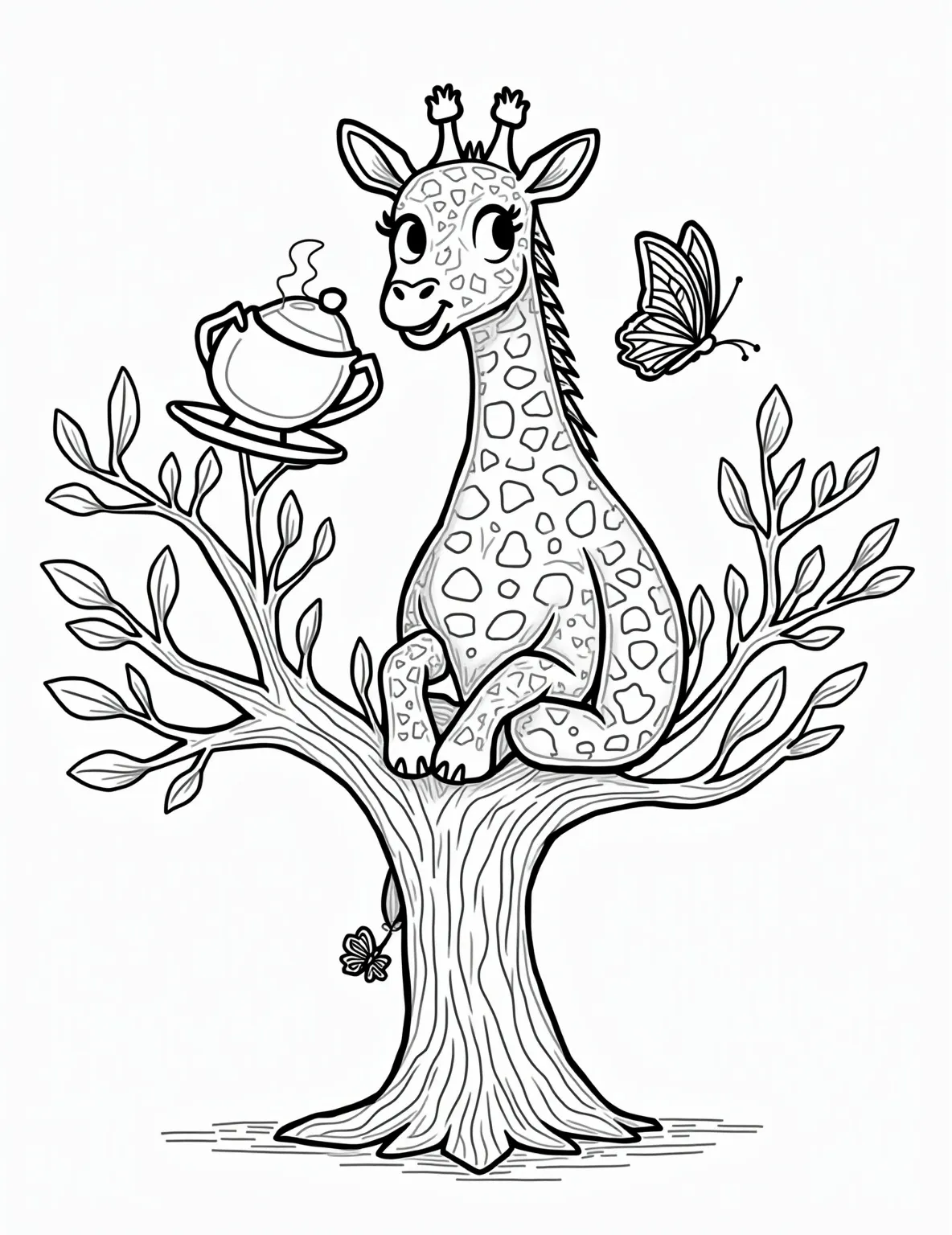 Gentle Giraffe's Treetop Tea Party -- prompt: "black lines only Charming giraffe hosts treetop tea party with butterfly pals. Thick, bold outlines define whimsical scene. Simplified leaf and flower shapes frame composition. Giraffe's spots and butterflies' wings offer delightful patterns to color. Cheerful expressions and playful poses invite creative coloring fun. flat black lines, premium coloring page, coloring sheet, line drawing, Coloring Book, NO COLOR, NO SHADING, WHITE BACKGROUND. NO GRAY, BLACK AND WHITE, NO COLOR" -- Reach new heights of whimsy with this charming giraffe coloring page. A gentle giraffe is having a tea party high up in the treetops with butterfly friends. This imaginative scene is great for both children and adults who appreciate unique and playful animal illustrations.