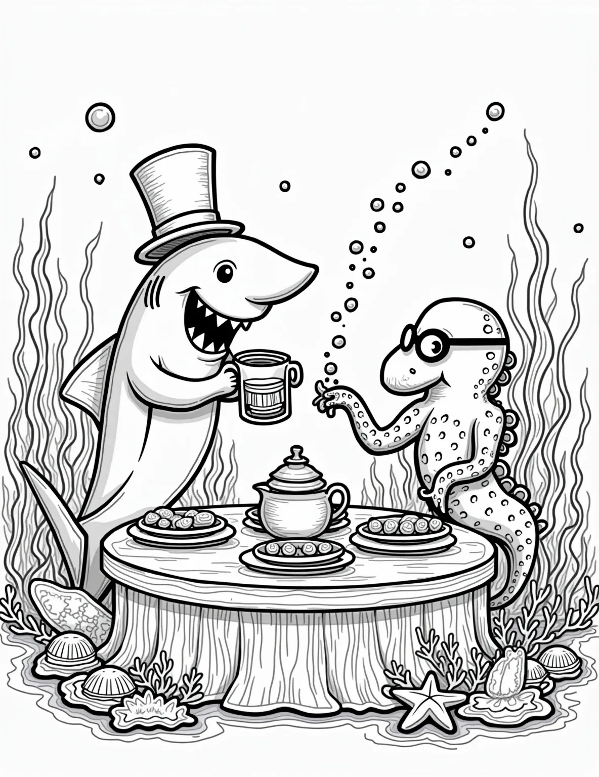 Shark's Elegant Tea Party -- prompt: "black lines only Playful line-art scene: Smiling shark in top hat pours seaweed tea for octopus wearing monocle. Jellyfish butler serves starfish-shaped cookies. Coral table adorned with shell plates, seahorse centerpiece. Bubbles float, creating whimsical atmosphere. Bold outlines perfect for coloring. flat black lines, premium coloring page, coloring sheet, line drawing, Coloring Book, NO COLOR, NO SHADING, WHITE BACKGROUND. NO GRAY, BLACK AND WHITE, NO COLOR" -- Join the most refined event under the sea with this whimsical shark tea party coloring page. It features a group of sharks and other sea creatures gathered around a coral table, enjoying tea and cakes. This delightful scene is perfect for those who love combining fantasy with marine life.