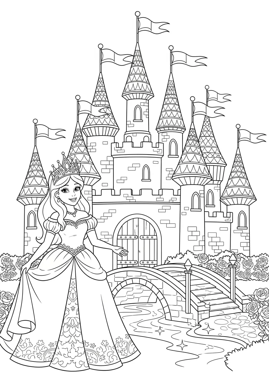 Princess Castle Adventure Coloring Page -- prompt: "black lines only Cheerful princess with flowing gown and crown stands before magnificent fairy tale castle featuring seven spiral towers, colorful pennant flags, drawbridge, and surrounding gardens, designed as bold black line art perfect for children's coloring book pages flat black lines, premium coloring page, coloring sheet, line drawing, Coloring Book, NO COLOR, NO SHADING, WHITE BACKGROUND. NO GRAY, BLACK AND WHITE, NO COLOR" -- Explore a magical kingdom with this enchanting castle scene featuring a princess standing before her towering royal home. The castle includes multiple towers, flags, and detailed architecture that children will love to color. Fluffy clouds and birds complete this fairy tale setting.