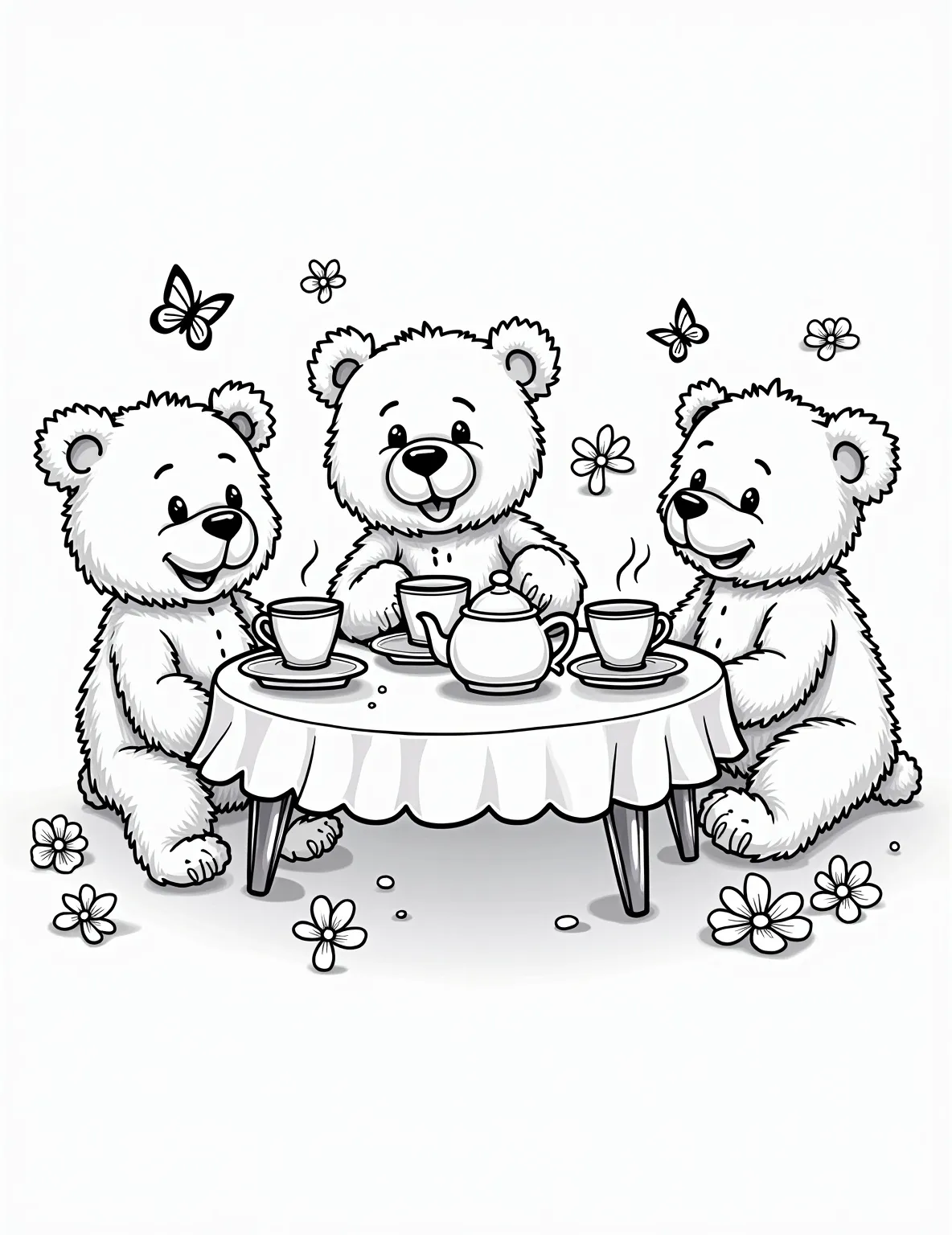 Teddy Bear Tea Party -- prompt: "black lines only Adorable teddy bears host a charming tea party. Simple, bold outlines define fluffy fur, round ears, and button noses. A central table with teacups, cookies, and a teapot awaits coloring. Cheerful expressions and playful poses invite creativity. Flowers and butterflies dance around the scene. flat black lines, premium coloring page, coloring sheet, line drawing, Coloring Book, NO COLOR, NO SHADING, WHITE BACKGROUND. NO GRAY, BLACK AND WHITE, NO COLOR" -- Join the fun at this charming coloring page depicting a whimsical teddy bear tea party. A group of stuffed bears sits around a tiny table set with teacups, a teapot, and an array of tasty treats. This delightful scene encourages imagination and discussions about friendship and sharing.