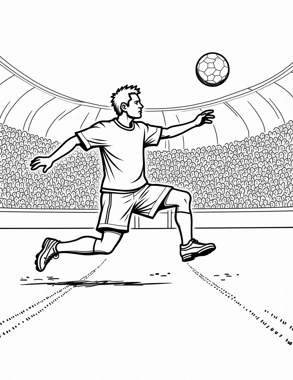 Soccer Star Scoring a Goal -- prompt: "black lines only Soccer player's dynamic silhouette, leg extended mid-kick, ball soaring towards goal posts. Simplified stadium backdrop with cheering fan outlines. Bold, thick lines define shapes. Large empty spaces for coloring. Playful soccer-themed elements scattered throughout. Energetic scene ready for creative coloring fun. flat black lines, premium coloring page, coloring sheet, line drawing, Coloring Book, NO COLOR, NO SHADING, WHITE BACKGROUND. NO GRAY, BLACK AND WHITE, NO COLOR" -- This dynamic coloring page captures the excitement of a soccer player mid-kick, about to score a spectacular goal. The player's body is arched in perfect form, with the soccer ball just leaving their foot. In the background, you can see the goal post and a glimpse of cheering fans, adding to the thrilling atmosphere.