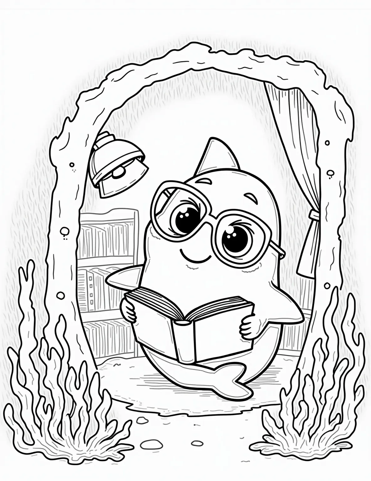 Shark's Cozy Reading Nook -- prompt: "black lines only Playful coloring page featuring a bespectacled cartoon shark nestled in a cozy coral cave. Seashell lamp illuminates intricate coral bookshelves. Fish-shaped bookmarks peek from pages. Bubbles float around, forming outlines. Seaweed curtains frame the scene. Bold, simple lines perfect for coloring. flat black lines, premium coloring page, coloring sheet, line drawing, Coloring Book, NO COLOR, NO SHADING, WHITE BACKGROUND. NO GRAY, BLACK AND WHITE, NO COLOR" -- Dive into a good book with this charming shark reading coloring page. It features a shark relaxing in a comfortable underwater reading nook, surrounded by bookshelves made of coral and seashells. This cozy scene is perfect for book lovers and those who enjoy seeing sharks in unexpected settings.