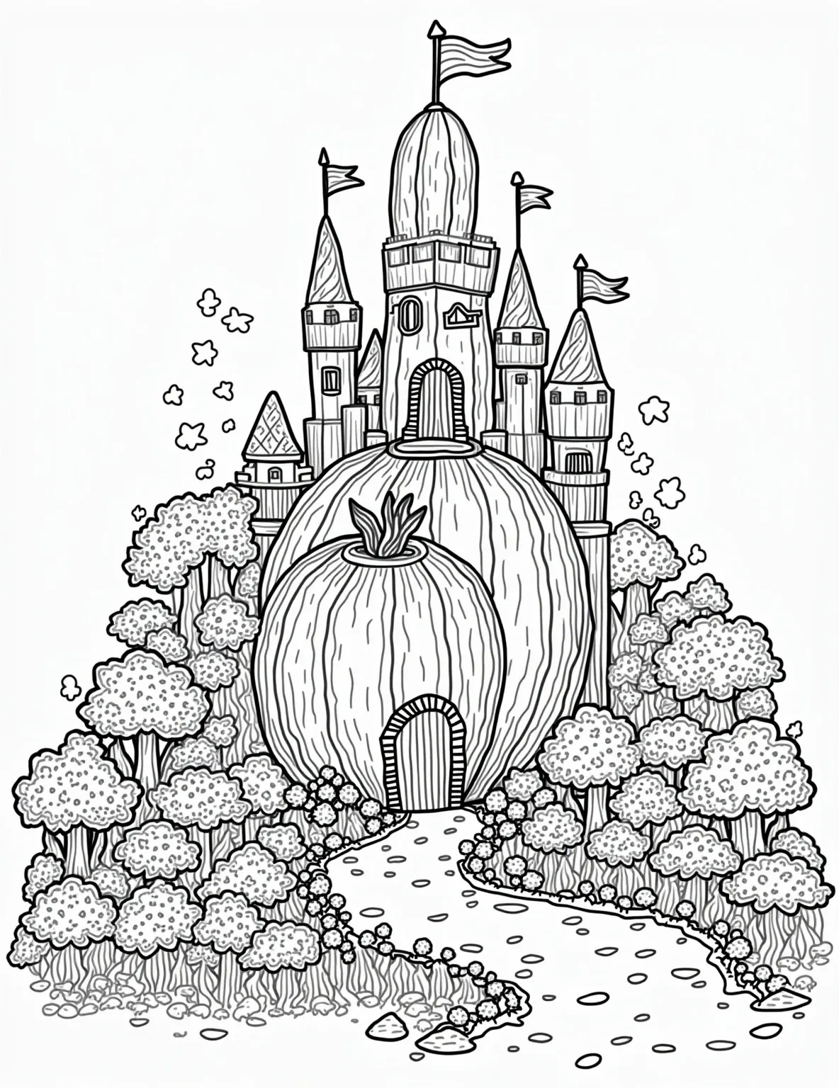 Fruit and Vegetable Kingdom Coloring Page -- prompt: "black lines only Enchanted fruit kingdom coloring page: towering watermelon castle, carrot drawbridge, pineapple turrets. Broccoli forests, strawberry cottages, grape vines intertwining. Bold outlines, simple shapes for easy coloring. Cheerful characters: apple knights, pear princesses. Mushroom marketplace bustling with vegetable vendors. flat black lines, premium coloring page, coloring sheet, line drawing, Coloring Book, NO COLOR, NO SHADING, WHITE BACKGROUND. NO GRAY, BLACK AND WHITE, NO COLOR" -- Rule over a healthy realm with our Fruit and Vegetable Kingdom coloring page! This fantastical scene depicts a castle and kingdom made entirely of fruits and vegetables. It's an imaginative way to encourage kids to eat their greens (and reds, and yellows...).