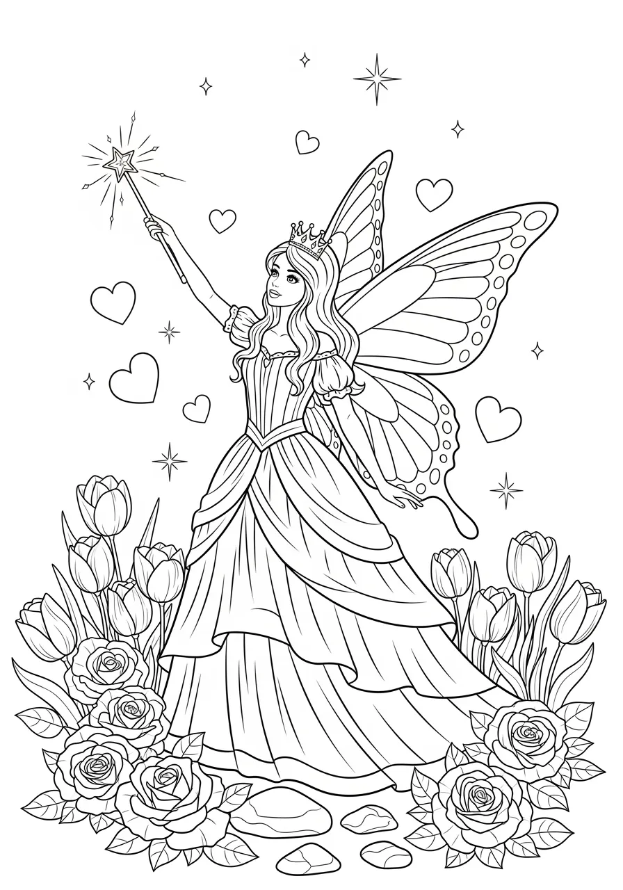 Valentine Fairy with Magic Wand Coloring Page -- prompt: "black lines only Graceful fairy princess with flowing gown and butterfly wings stands in enchanted garden, waving star-tipped wand above her head, magical hearts and sparkles floating around flowers, fun coloring book style with bold black outlines flat black lines, premium coloring page, coloring sheet, line drawing, Coloring Book, NO COLOR, NO SHADING, WHITE BACKGROUND. NO GRAY, BLACK AND WHITE, NO COLOR" -- A graceful fairy waves her star-tipped wand, creating a shower of tiny hearts and sparkles in this magical Valentine scene. Her elaborate dress flows with intricate patterns, while delicate wings spread behind her in beautiful detail. This enchanting design combines fantasy elements with romantic themes perfectly.