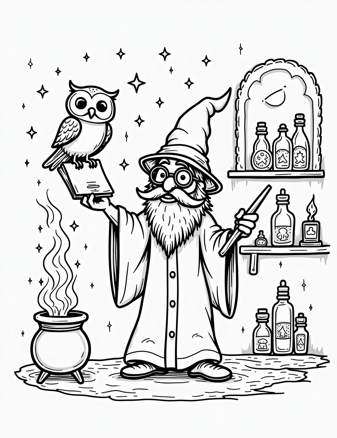 Magical Wizard's Apprentice Coloring Page -- prompt: "black lines only Young wizard with round glasses and messy hair, waving wand. Owl perched on floating spellbook. Bubbling potion bottles, star-shaped wand sparks. Shelves lined with magical ingredients. Crescent moon window. Whimsical outlines perfect for coloring. Cauldron steaming with colorful smoke. flat black lines, premium coloring page, coloring sheet, line drawing, Coloring Book, NO COLOR, NO SHADING, WHITE BACKGROUND. NO GRAY, BLACK AND WHITE, NO COLOR" -- Enter a world of magic and wonder with this enchanting wizard's apprentice coloring page. It showcases a young boy practicing spells in a mystical study filled with magical artifacts. This page is perfect for boys who love fantasy and imagining themselves wielding magical powers.