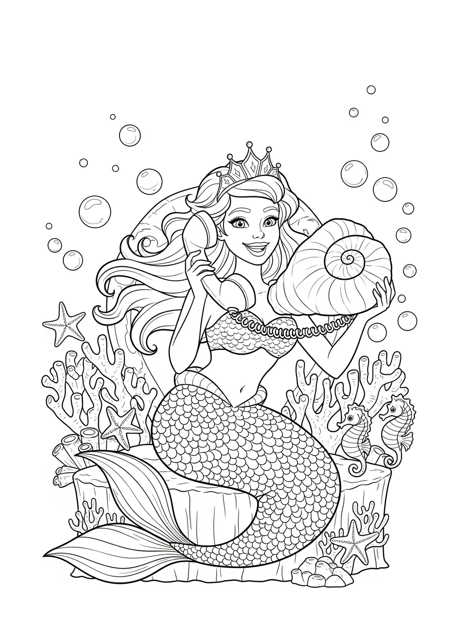 Mermaid's Conch Shell Phone Call Coloring Page -- prompt: "black lines only Cheerful mermaid with flowing hair holds oversized conch shell telephone near her ear, surrounded by large floating bubbles, sitting on coral reef, simple black outlines, white background, bold shapes perfect for children's coloring book page flat black lines, premium coloring page, coloring sheet, line drawing, Coloring Book, NO COLOR, NO SHADING, WHITE BACKGROUND. NO GRAY, BLACK AND WHITE, NO COLOR" -- In this charming scene, a modern mermaid uses a large conch shell as a telephone to chat with her friends across the ocean. The playful concept bridges fantasy with familiar childhood experiences of pretend play. Detailed shell spirals and water bubbles add visual interest throughout the page.