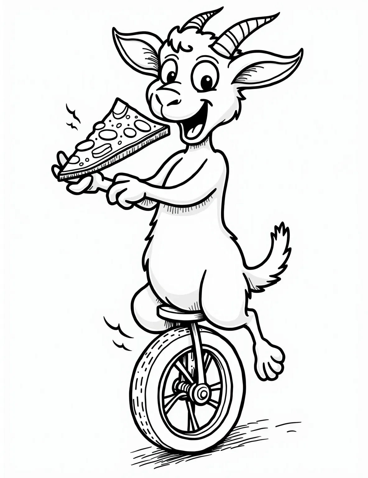 A goat riding a unicycle while eating a slice of pizza