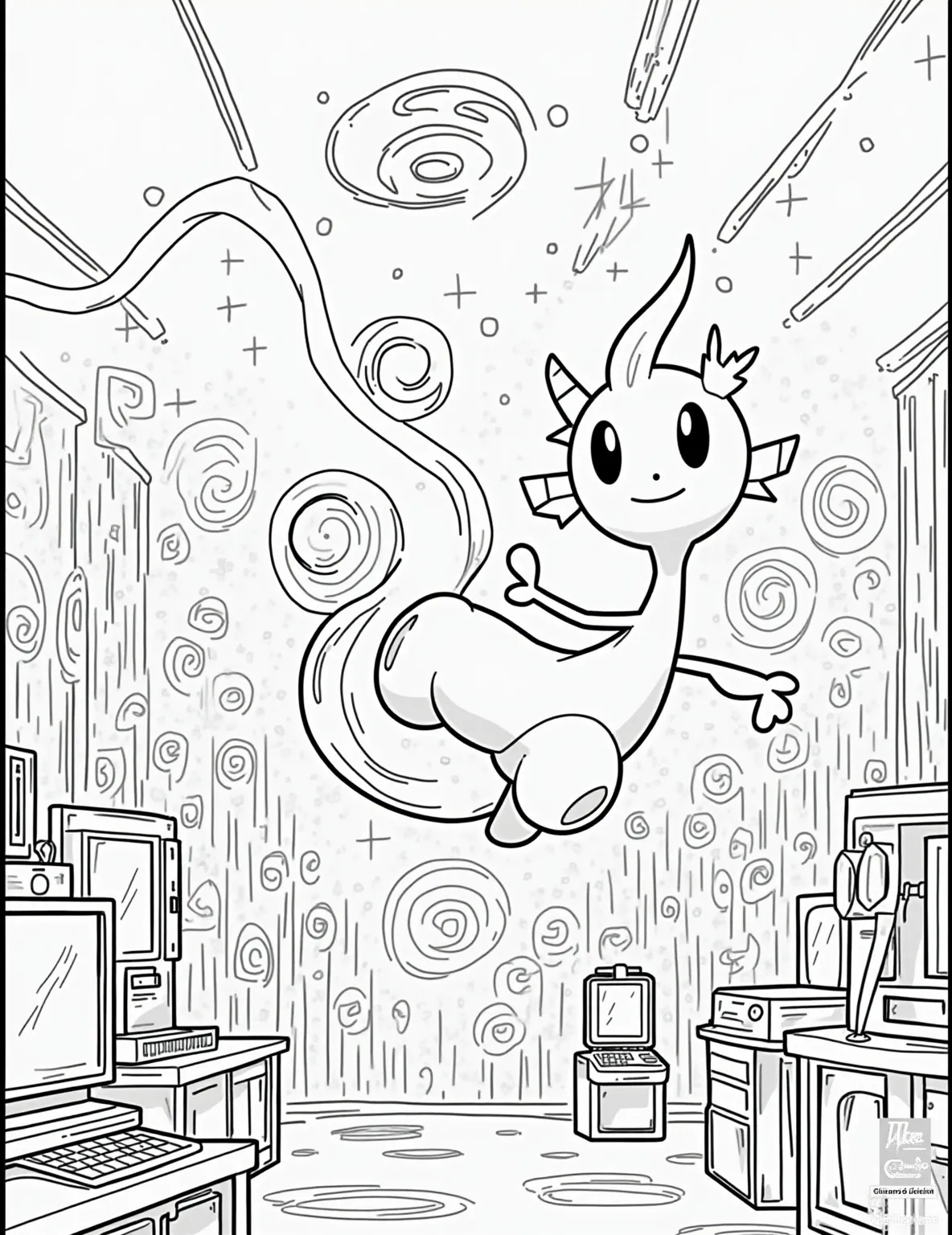 Mewtwo's Psychic Laboratory Coloring Page -- prompt: "black lines only Mewtwo, the psychic Pokémon, floats amidst a futuristic lab. Thick outlines define test tubes, computers, and swirling energy. Simple shapes and patterns create a playful atmosphere. Perfect for coloring, this page showcases Mewtwo's powers with wavy lines and geometric elements. flat black lines, premium coloring page, coloring sheet, line drawing, Coloring Book, NO COLOR, NO SHADING, WHITE BACKGROUND. NO GRAY, BLACK AND WHITE, NO COLOR" -- Step into the mysterious world of Mewtwo with this intriguing coloring page! The powerful psychic Pokemon is shown in a high-tech laboratory, conducting experiments with its mind. This page is perfect for older kids and adults who appreciate Pokemon's more serious and sci-fi elements.