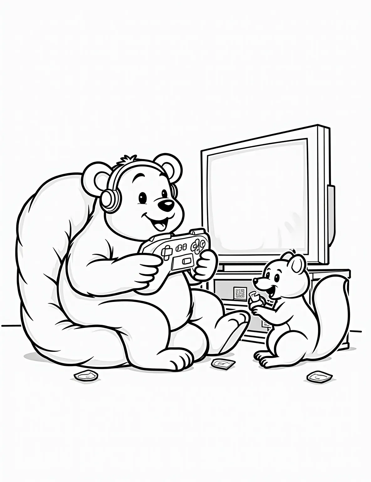 A bear playing a video game with a squirrel