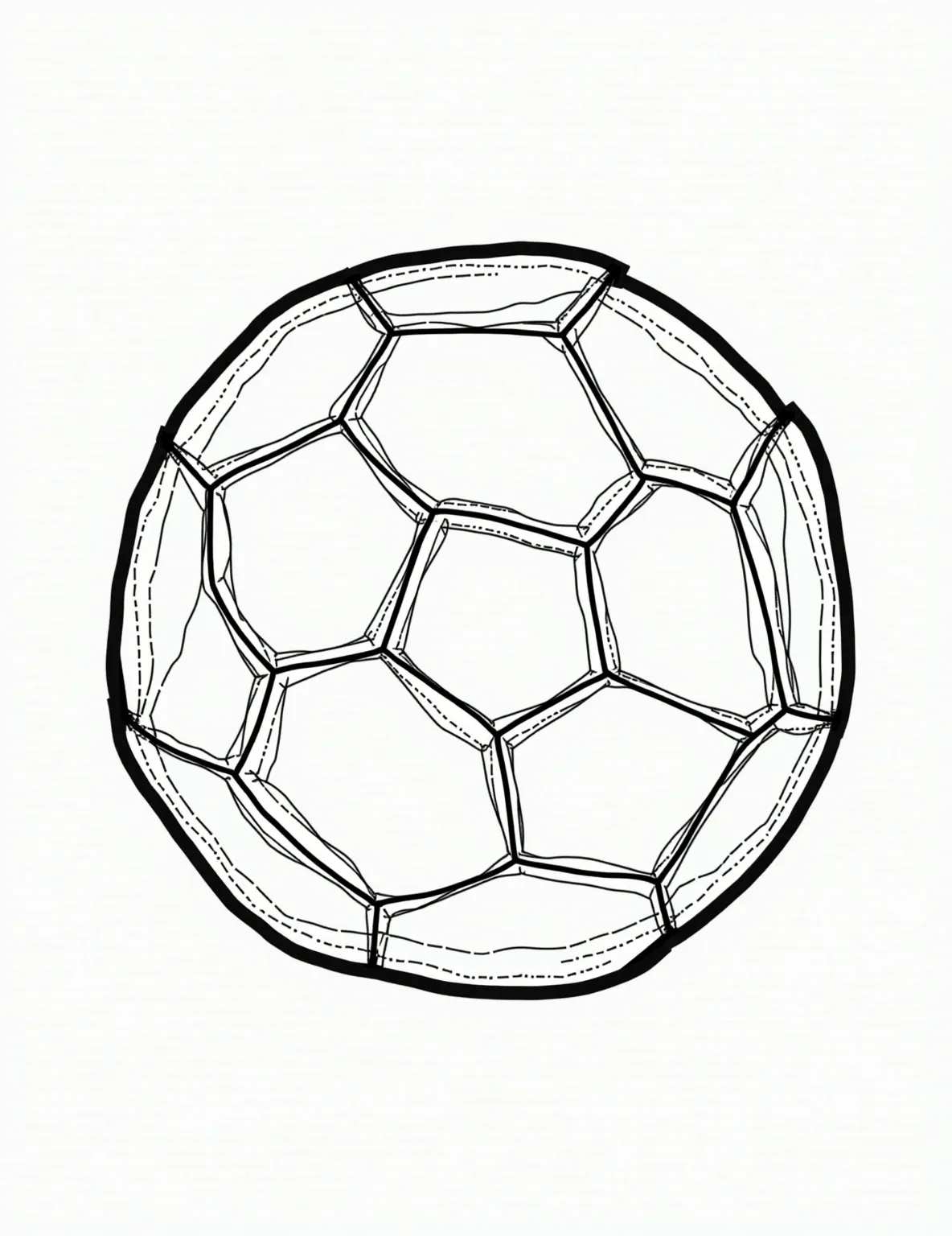 Soccer Ball Explosion View -- prompt: "black lines only Soccer ball deconstructed: hexagonal and pentagonal panels, inner lining, bladder, and valve spread out. Bold outlines, simple shapes perfect for coloring. Stitching details visible. Cheerful, energetic vibe. Encourages creativity and sports enthusiasm. Numbers guide assembly order. flat black lines, premium coloring page, coloring sheet, line drawing, Coloring Book, NO COLOR, NO SHADING, WHITE BACKGROUND. NO GRAY, BLACK AND WHITE, NO COLOR" -- This detailed coloring page shows an 'exploded' view of a soccer ball. All the components of the ball - the outer panels, inner lining, inflation bladder - are drawn separately but in relation to each other. This page offers insight into the construction of a soccer ball while providing an engaging coloring challenge.