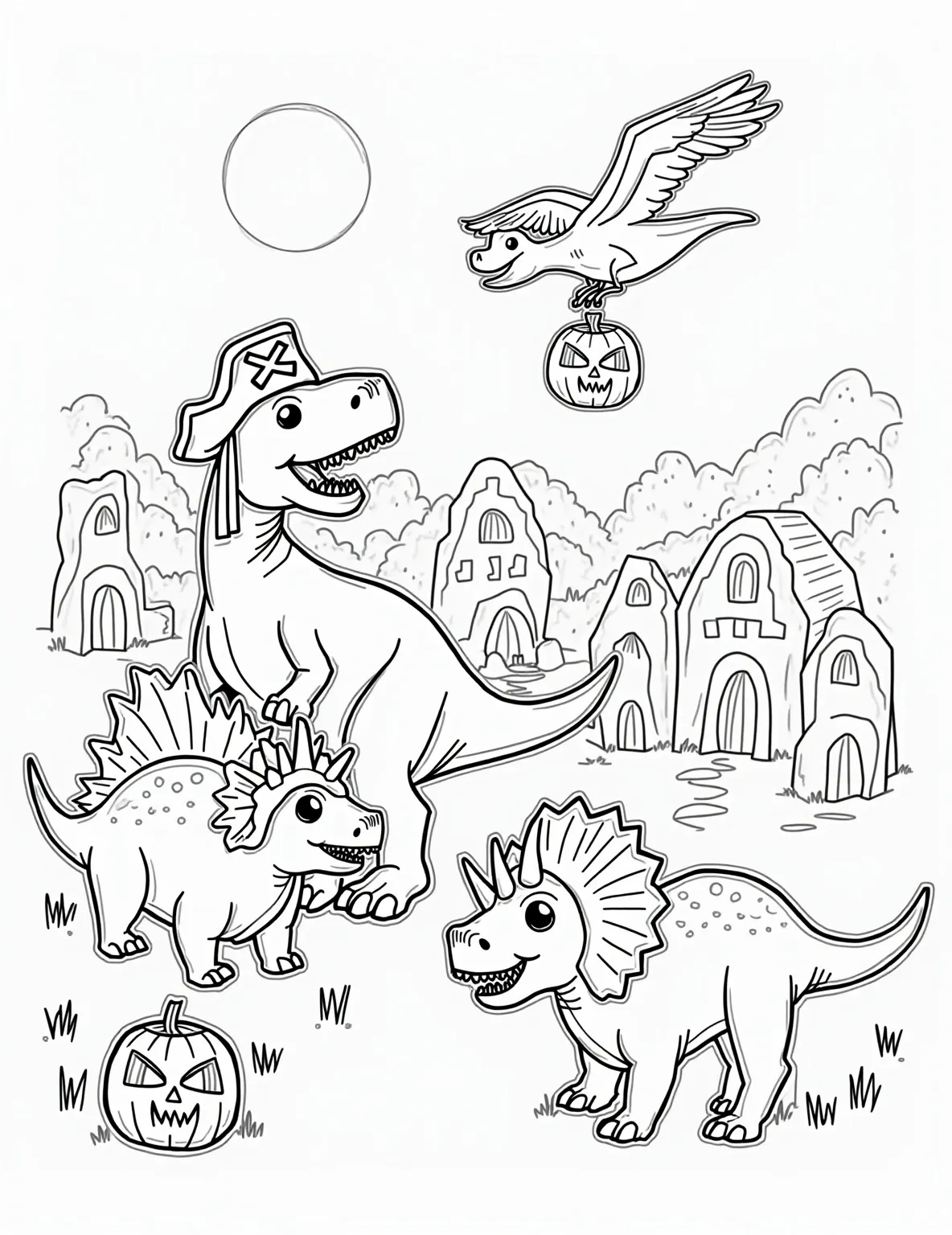 Trick-or-Treating Dinosaurs Coloring Page -- prompt: "black lines only Prehistoric playground: Tyrannosaurus in pirate hat, Stegosaurus as ghost, Triceratops as witch. Cave dwellings adorned with grinning rock-carved pumpkins. Bold outlines, simple shapes, large empty spaces. Pterodactyl flying with candy bag. Playful, educational coloring page for children. flat black lines, premium coloring page, coloring sheet, line drawing, Coloring Book, NO COLOR, NO SHADING, WHITE BACKGROUND. NO GRAY, BLACK AND WHITE, NO COLOR" -- Step back in time with a prehistoric twist on Halloween fun! This whimsical coloring page features adorable dinosaurs dressed up in Halloween costumes, trick-or-treating through a neighborhood of cave houses. It's a perfect blend of imagination and holiday spirit that will delight children and adults alike.