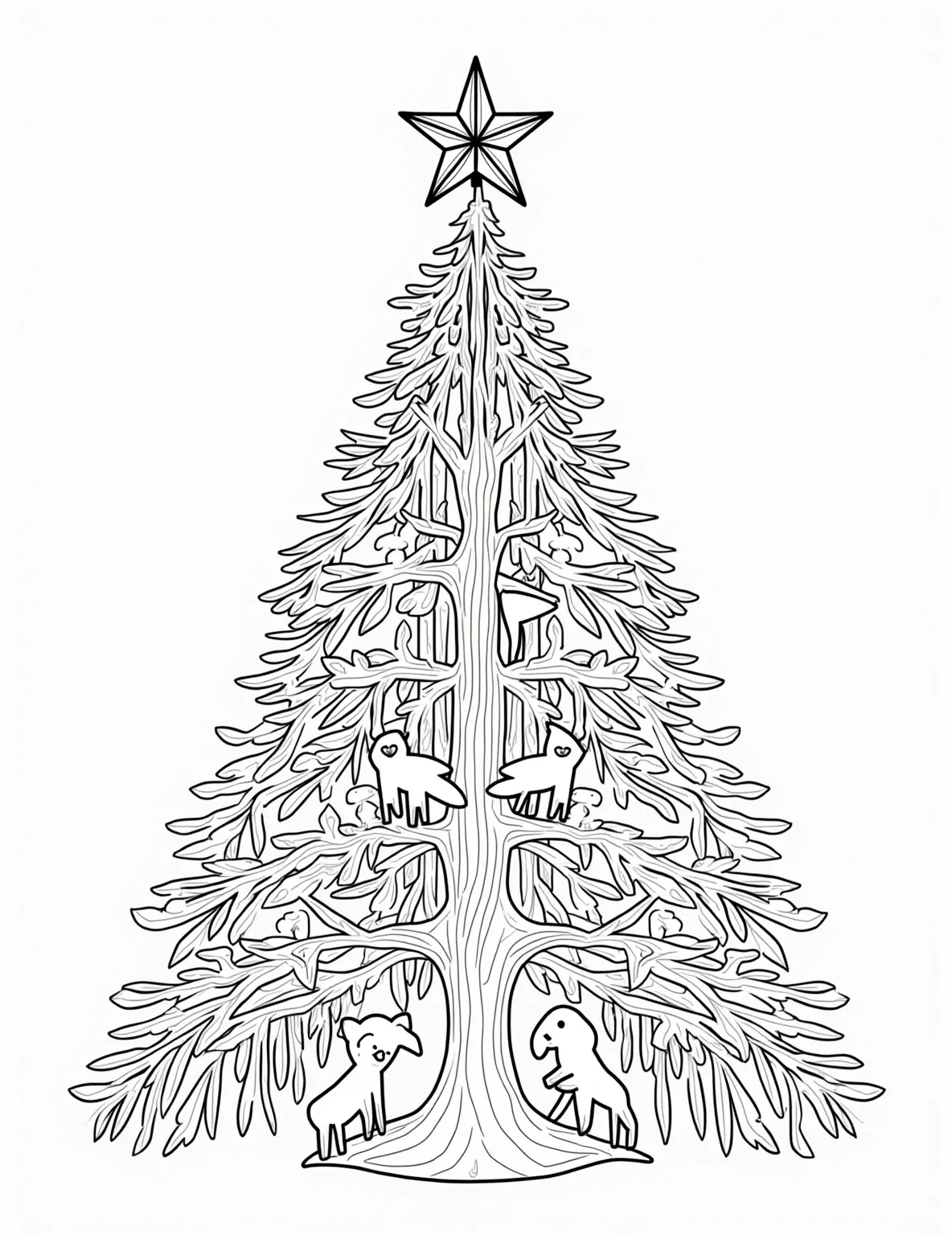 Origami Christmas Tree -- prompt: "black lines only Festive Christmas tree composed of vibrant origami animals, stars, and snowflakes. Bold outlines define each paper creation. Geometric patterns adorn ornaments. Crisp folds create depth. Playful scenes of winter activities hidden within. Tree branches formed by intricate paper chains. Coloring book style invites artistic expression. flat black lines, premium coloring page, coloring sheet, line drawing, Coloring Book, NO COLOR, NO SHADING, WHITE BACKGROUND. NO GRAY, BLACK AND WHITE, NO COLOR" -- Appreciate the art of paper folding with this intricate origami Christmas tree coloring page. The tree is composed entirely of origami creations, from cranes and stars to miniature trees and presents. Its delicate paper construction offers a unique and engaging coloring experience.