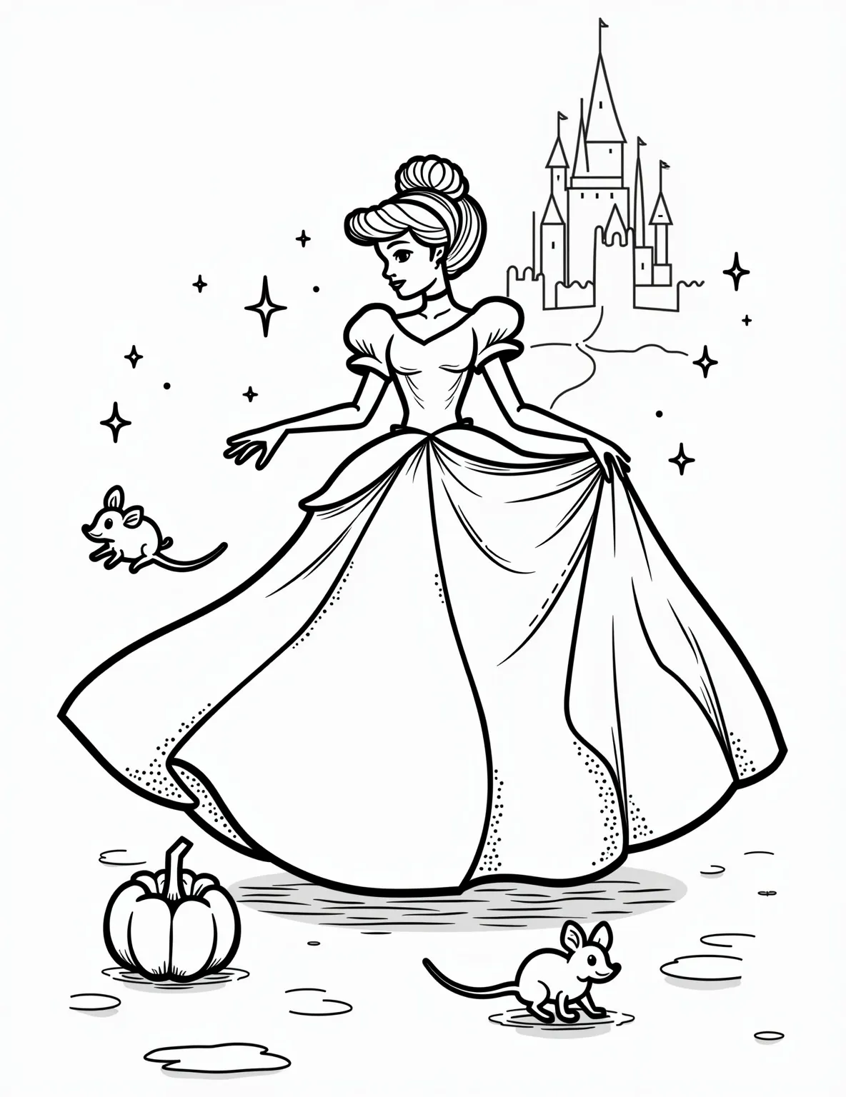 Cinderella's Magical Transformation -- prompt: "black lines only Cinderella's gown unfurls in a swirling dance, bold outlines defining her twirling figure. Playful mice helpers, sketched with exaggerated features, scatter magical sparkles. Simplistic yet charming background elements frame the scene. Large, empty spaces invite creative coloring and personalization. Enchanting fairy-tale atmosphere captured in flat black lines, premium coloring page, coloring sheet, line drawing, Coloring Book, NO COLOR, NO SHADING, WHITE BACKGROUND. NO GRAY, BLACK AND WHITE, NO COLOR" -- Watch Cinderella's dreams come true in this enchanting coloring page. The scene captures the moment when her Fairy Godmother transforms her rags into a beautiful ball gown. Surrounded by sparkling magic and helpful mice, Cinderella's joy shines through, ready to be brought to life with your colors.