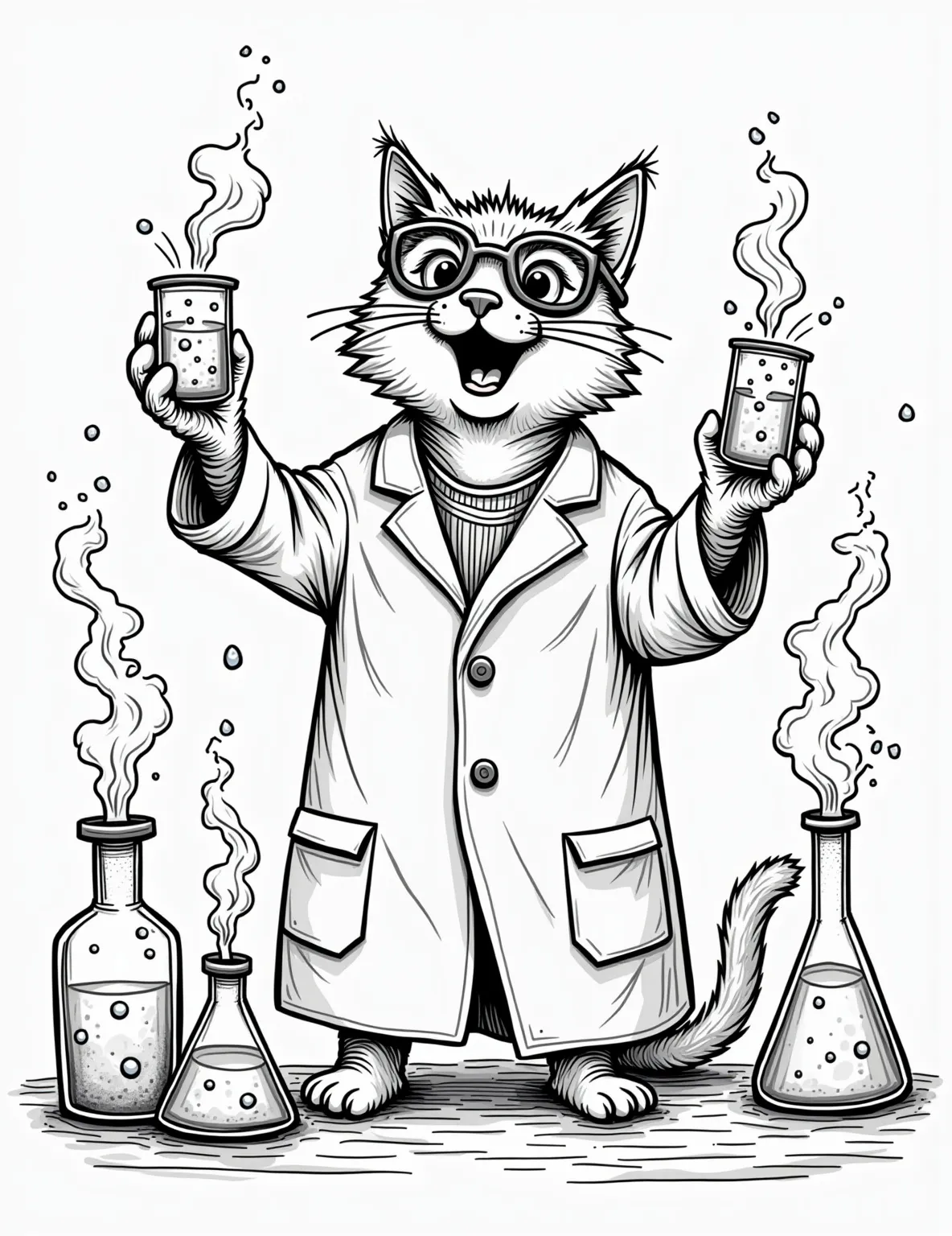 Cat's Mad Scientist Laboratory Coloring Page -- prompt: "black lines only Coloring page featuring mischievous feline scientist in oversized lab coat, goggles askew. Paws juggle bubbling beakers, test tubes overflow. Periodic table backdrop, equations scribbled on chalkboard. Bunsen burners aflame, rainbow potions fizz. Wide-eyed wonder, whiskers twitching with curiosity. flat black lines, premium coloring page, coloring sheet, line drawing, Coloring Book, NO COLOR, NO SHADING, WHITE BACKGROUND. NO GRAY, BLACK AND WHITE, NO COLOR" -- Enter the wacky world of feline science with this amusing scene of a cat conducting wild experiments. Surrounded by bubbling beakers, mysterious gadgets, and perhaps a surprised lab mouse, this mad scientist cat captures the fun of imagination and discovery. This page is great for kids who love science and silly scenarios.