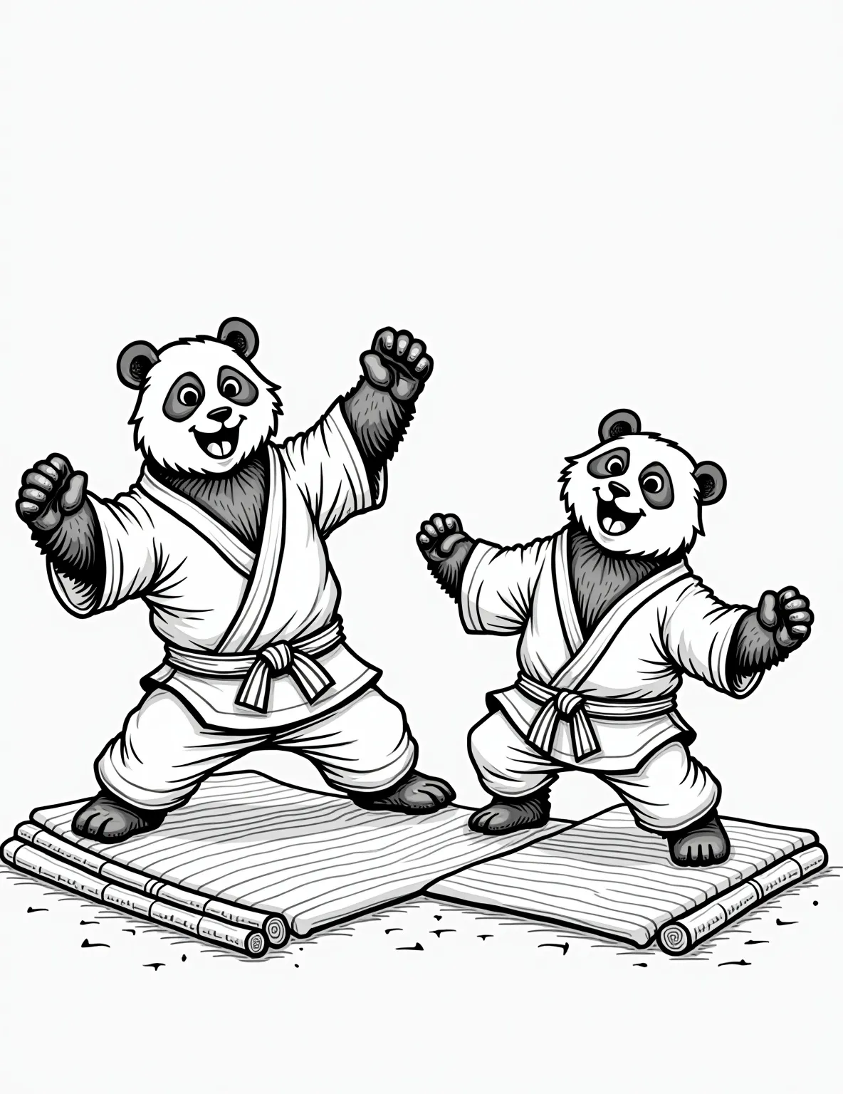 Panda's Martial Arts Class Coloring Page -- prompt: "black lines only Adorable panda bears in oversized karate uniforms, practicing kung fu moves on bamboo mats. Sensei panda demonstrates high kick. Simplified black outlines, large white spaces for coloring. Dojo backdrop with yin-yang symbol. Playful expressions, chunky bodies perfect for coloring book fun. flat black lines, premium coloring page, coloring sheet, line drawing, Coloring Book, NO COLOR, NO SHADING, WHITE BACKGROUND. NO GRAY, BLACK AND WHITE, NO COLOR" -- Channel your inner warrior with this dynamic coloring page of pandas practicing martial arts. The scene shows pandas in various kung fu poses, with a sensei panda leading the class. This page allows for creative coloring of martial arts uniforms and the addition of motion lines to emphasize the action.