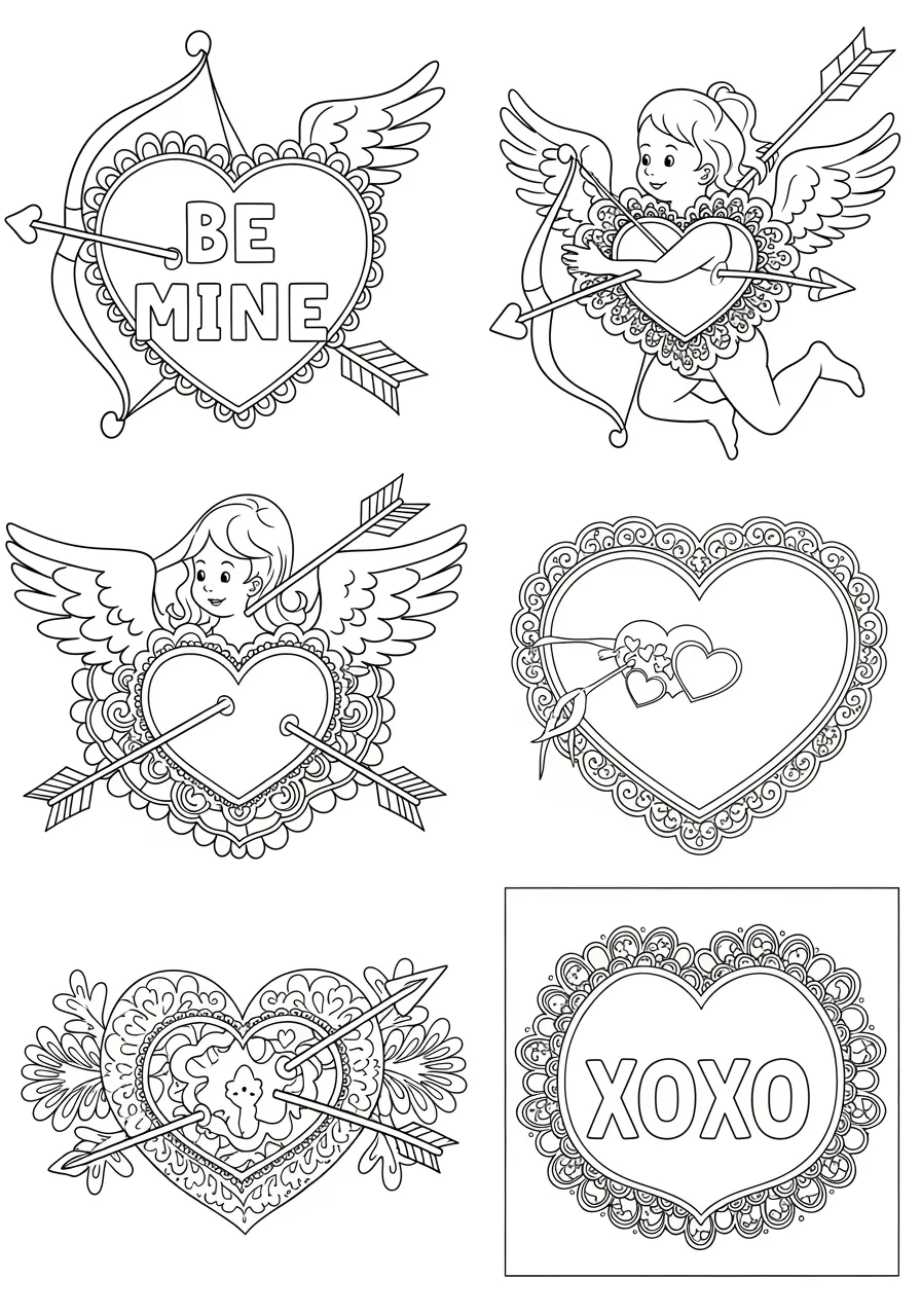 Valentine's Day Card Collection Coloring Page -- prompt: "black lines only Fun coloring book style valentine cards scattered playfully across the page, featuring bold black outlines, romantic messages Be Mine and XOXO in bubble letters, adorable cupid hearts, decorative lace borders, creating joyful nostalgic childhood romance atmosphere flat black lines, premium coloring page, coloring sheet, line drawing, Coloring Book, NO COLOR, NO SHADING, WHITE BACKGROUND. NO GRAY, BLACK AND WHITE, NO COLOR" -- This delightful coloring page features a collection of charming valentine cards scattered across the page, each with different sweet messages and decorative borders. Children will love choosing their favorite designs and adding their own colorful touches to these miniature works of art. Perfect for inspiring young artists to create their own valentine messages for friends and family.
