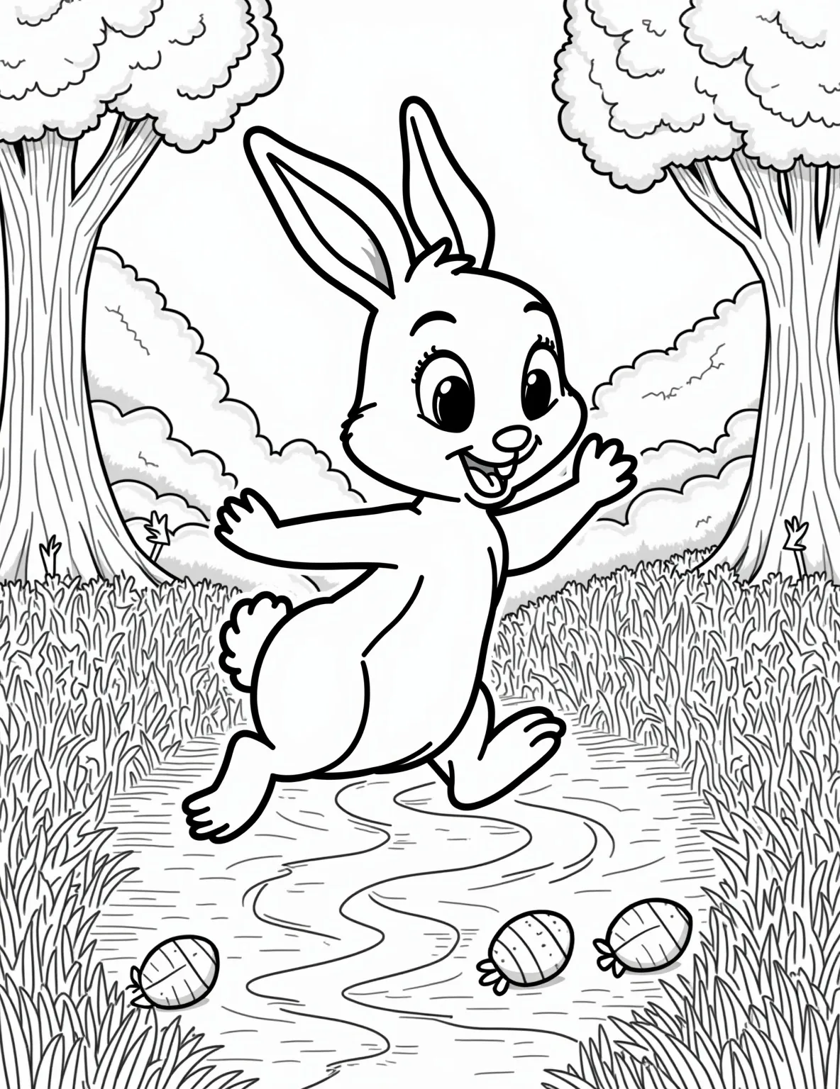 Thumper's Easter Carrot Hunt -- prompt: "black lines only Thumper, the curious bunny, hops through a forest clearing. Bold outlines frame vibrant flowers, swirling butterflies, and hidden carrot-shaped Easter eggs. Thick, wavy grass and stylized trees create a playful maze. Thumper's expressive eyes and twitching nose convey excitement in this whimsical, line-art wonderland. flat black lines, premium coloring page, coloring sheet, line drawing, Coloring Book, NO COLOR, NO SHADING, WHITE BACKGROUND. NO GRAY, BLACK AND WHITE, NO COLOR" -- Thumper from Bambi stars in this cute Easter coloring page. He's on a hunt for carrots instead of eggs, with some carrots cleverly disguised as Easter eggs. Thumper is surrounded by spring flowers and butterflies, creating a lively forest scene.