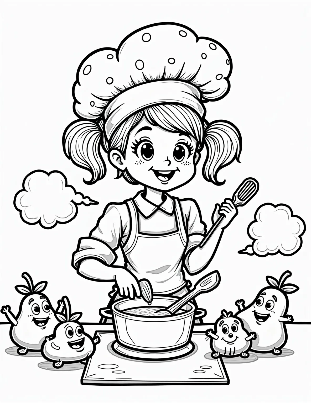 Chef Girl's Culinary Creations -- prompt: "black lines only Cheerful girl chef with pigtails, oversized toque, and polka-dot apron. Kitchen filled with cartoon pots, pans, and ingredients. Bold outlines, simple shapes. Spoon in hand, mixing bowl nearby. Smiling vegetables, dancing utensils. Perfect for coloring fun. Remember to complete flat black lines, premium coloring page, coloring sheet, line drawing, Coloring Book, NO COLOR, NO SHADING, WHITE BACKGROUND. NO GRAY, BLACK AND WHITE, NO COLOR" -- Cook up some fun with this delightful chef girl coloring page. The young culinary artist is shown in a kitchen, whipping up a delicious meal. Pots, pans, and ingredients surround her, adding interesting details to color.