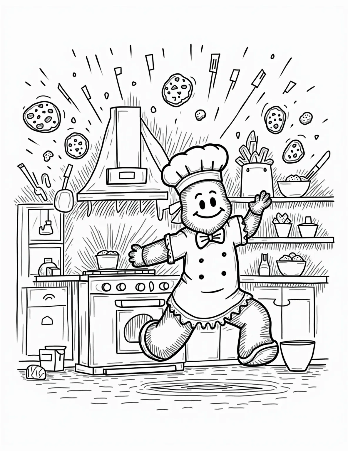 Gingerbread Chef in the Kitchen Coloring Page -- prompt: "black lines only Jolly gingerbread chef with oversized hat, surrounded by giant spoons, whisks, and mixing bowls. Cartoon-style kitchen bursting with exaggerated ingredients. Bold outlines, simple shapes, and large empty spaces perfect for coloring. Smiling cookies dance around a festive oven. flat black lines, premium coloring page, coloring sheet, line drawing, Coloring Book, NO COLOR, NO SHADING, WHITE BACKGROUND. NO GRAY, BLACK AND WHITE, NO COLOR" -- This amusing coloring page shows a gingerbread man as a chef in a busy kitchen. He's wearing a tall chef's hat and is surrounded by mixing bowls, utensils, and ingredients. This page is great for kids who love to help in the kitchen or dream of being little bakers.