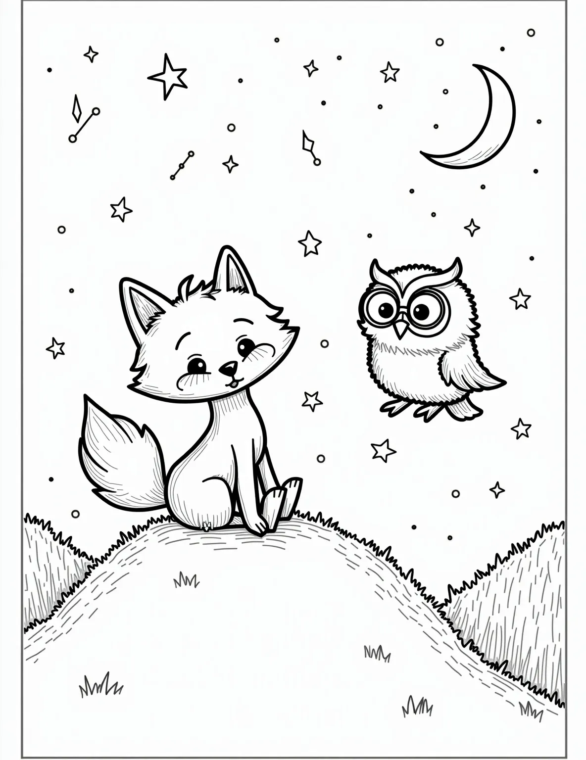 Fox and Owl Stargazing -- prompt: "black lines only Playful fox and wise owl perched on grassy hilltop, gazing at celestial wonders. Thick outlines frame starry sky, crescent moon, and constellations. Bold, simple shapes perfect for coloring. Charming scene captures nighttime magic in easy-to-color design. Fun, educational astronomy-themed page for all ages. flat black lines, premium coloring page, coloring sheet, line drawing, Coloring Book, NO COLOR, NO SHADING, WHITE BACKGROUND. NO GRAY, BLACK AND WHITE, NO COLOR" -- This serene coloring page depicts a fox and an owl sitting together on a hilltop, gazing at the stars. The night sky is filled with constellations and a crescent moon. It's a peaceful scene that celebrates nighttime and unlikely friendships.