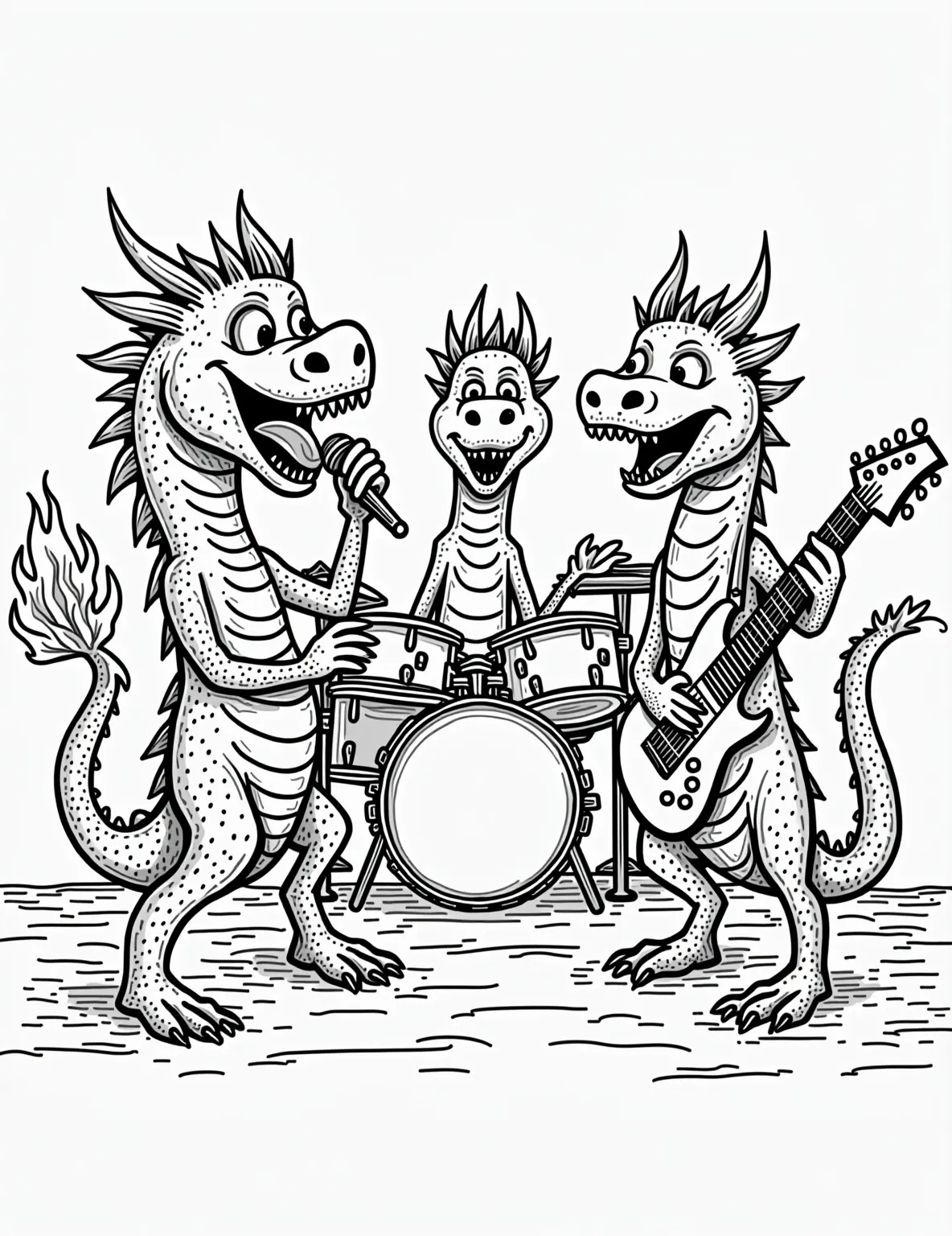 Dragon's Band Rehearsal -- prompt: "black lines only Playful dragons jam on stage in bold, thick-lined coloring book style. Lead singer roars into microphone, guitarist shreds, drummer pounds, keyboardist tickles ivories. Simplified shapes, clear outlines, and empty spaces await vibrant hues. Fun, musical scene ready for creative coloring. flat black lines, premium coloring page, coloring sheet, line drawing, Coloring Book, NO COLOR, NO SHADING, WHITE BACKGROUND. NO GRAY, BLACK AND WHITE, NO COLOR" -- Get ready to rock with this fun and lively coloring page depicting a group of dragons forming their own musical band. Each dragon plays a different instrument, from guitars and drums to keyboards and even a dragon singer at the microphone. This energetic scene is perfect for music-loving kids and adults who enjoy adding a splash of color to entertaining group compositions.