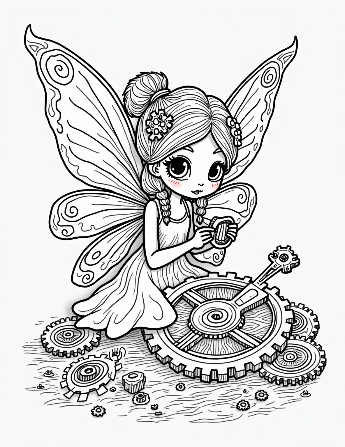 Steampunk Fairy Inventor Coloring Page -- prompt: "black lines only Playful fairy mechanic, delicate wings etched with cogs, tinkering with oversized gears. Whimsical workshop filled with bold, simplified clockwork shapes. Curly hair adorned with tiny wrenches. Dress swirls with spiraling patterns. Chunky outlines perfect for coloring. Steampunk inventions scatter flat black lines, premium coloring page, coloring sheet, line drawing, Coloring Book, NO COLOR, NO SHADING, WHITE BACKGROUND. NO GRAY, BLACK AND WHITE, NO COLOR" -- Unleash your creativity with this unique steampunk fairy inventor coloring page. Our innovative fairy is tinkering with gears and clockwork, her wings adorned with metallic accents. This page offers a fascinating blend of fantasy and Victorian-inspired technology.