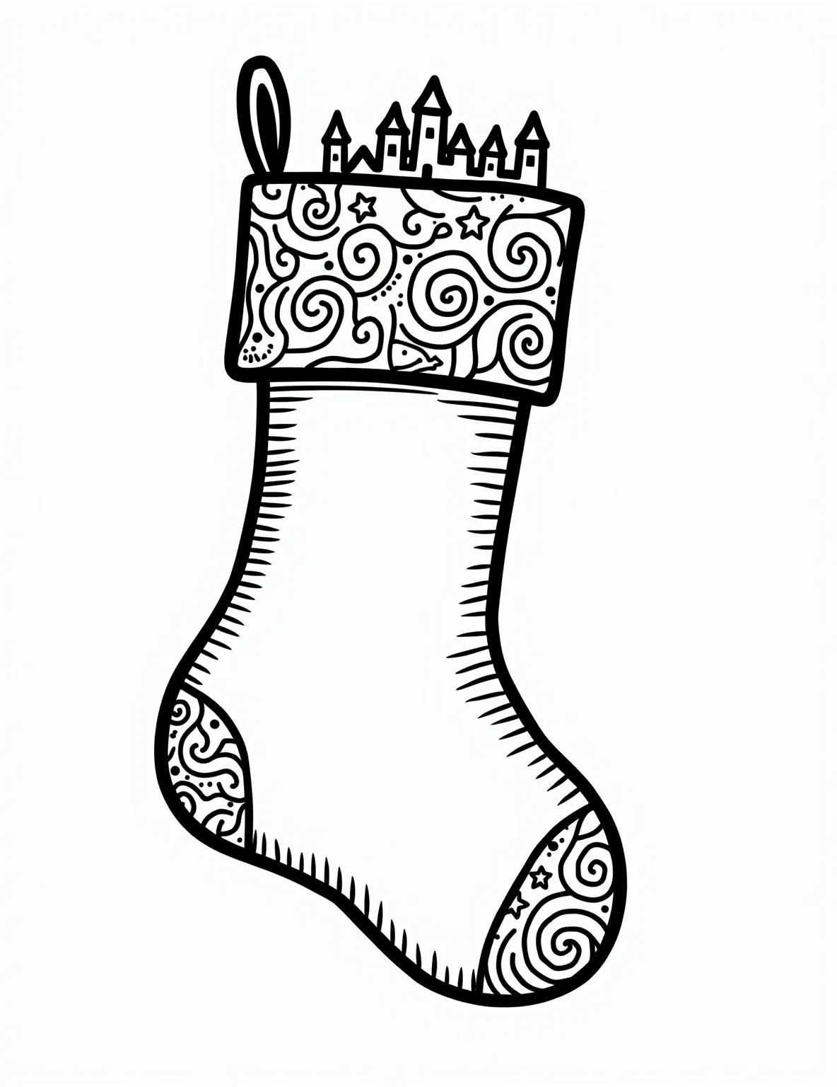 Starry Night Stocking Coloring Page -- prompt: "black lines only Christmas stocking outline with bold, thick lines. Swirling patterns inspired by Van Gogh's Starry Night fill the stocking. Stars, crescent moon, and village skyline adorn the cuff. Large, simple shapes perfect for coloring. Festive, playful design invites creativity. flat black lines, premium coloring page, coloring sheet, line drawing, Coloring Book, NO COLOR, NO SHADING, WHITE BACKGROUND. NO GRAY, BLACK AND WHITE, NO COLOR" -- This dreamy coloring page features a stocking inspired by Van Gogh's Starry Night. The stocking is adorned with swirling patterns resembling the famous painting, with stars and a crescent moon. The cuff is designed like a village skyline.