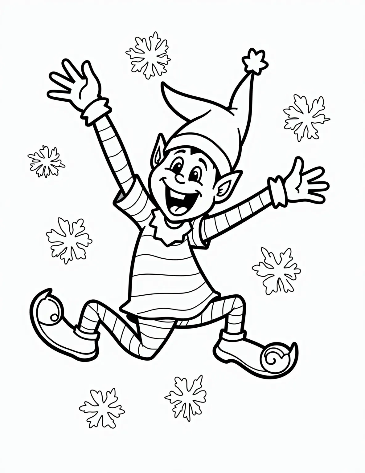 Elf's Snowflake Catching Contest -- prompt: "black lines only Playful Elf on Shelf character leaps joyfully, arms outstretched, tongue extended to catch swirling snowflakes. Bold outlines define charming features, pointy ears, and festive attire. Simple background with large, varied snowflake shapes perfect for coloring. Cheerful scene captures holiday magic. flat black lines, premium coloring page, coloring sheet, line drawing, Coloring Book, NO COLOR, NO SHADING, WHITE BACKGROUND. NO GRAY, BLACK AND WHITE, NO COLOR" -- Join our Elf on the Shelf in a whimsical winter activity in this delightful coloring page. The elf is shown leaping through the air, trying to catch intricate snowflakes on its tongue. Surrounding the elf are swirling snow and ice crystals, creating a magical winter wonderland scene.