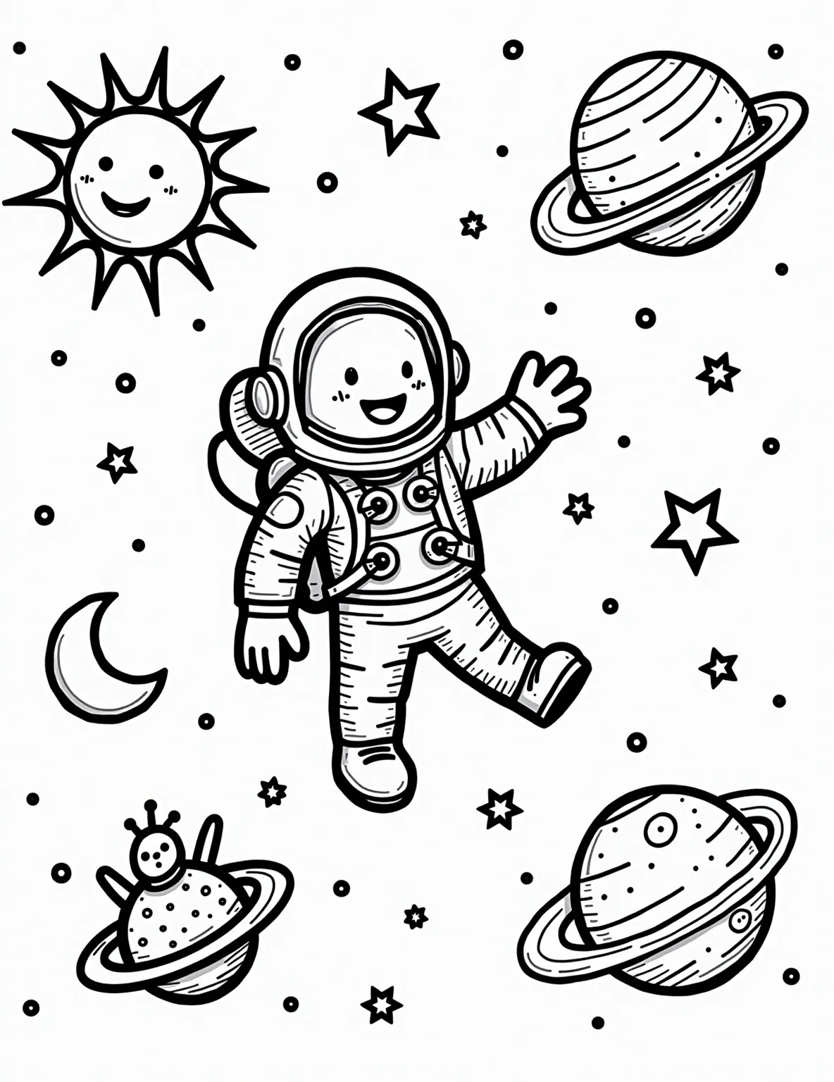 Spacewalk Adventure -- prompt: "black lines only Chunky outlines frame a cheerful astronaut floating amidst stars and planets. Spacecraft nearby with curly tether. Smiling sun, crescent moon, and spiraling Milky Way. Empty areas for coloring. Playful alien peeking from behind Saturn. Cosmic elements with simple shapes flat black lines, premium coloring page, coloring sheet, line drawing, Coloring Book, NO COLOR, NO SHADING, WHITE BACKGROUND. NO GRAY, BLACK AND WHITE, NO COLOR" -- Experience the thrill of a spacewalk with this exciting coloring page. An astronaut floats in the vastness of space, tethered to their spacecraft. The background offers plenty of room for adding stars, planets, or whatever cosmic wonders the colorist can imagine.