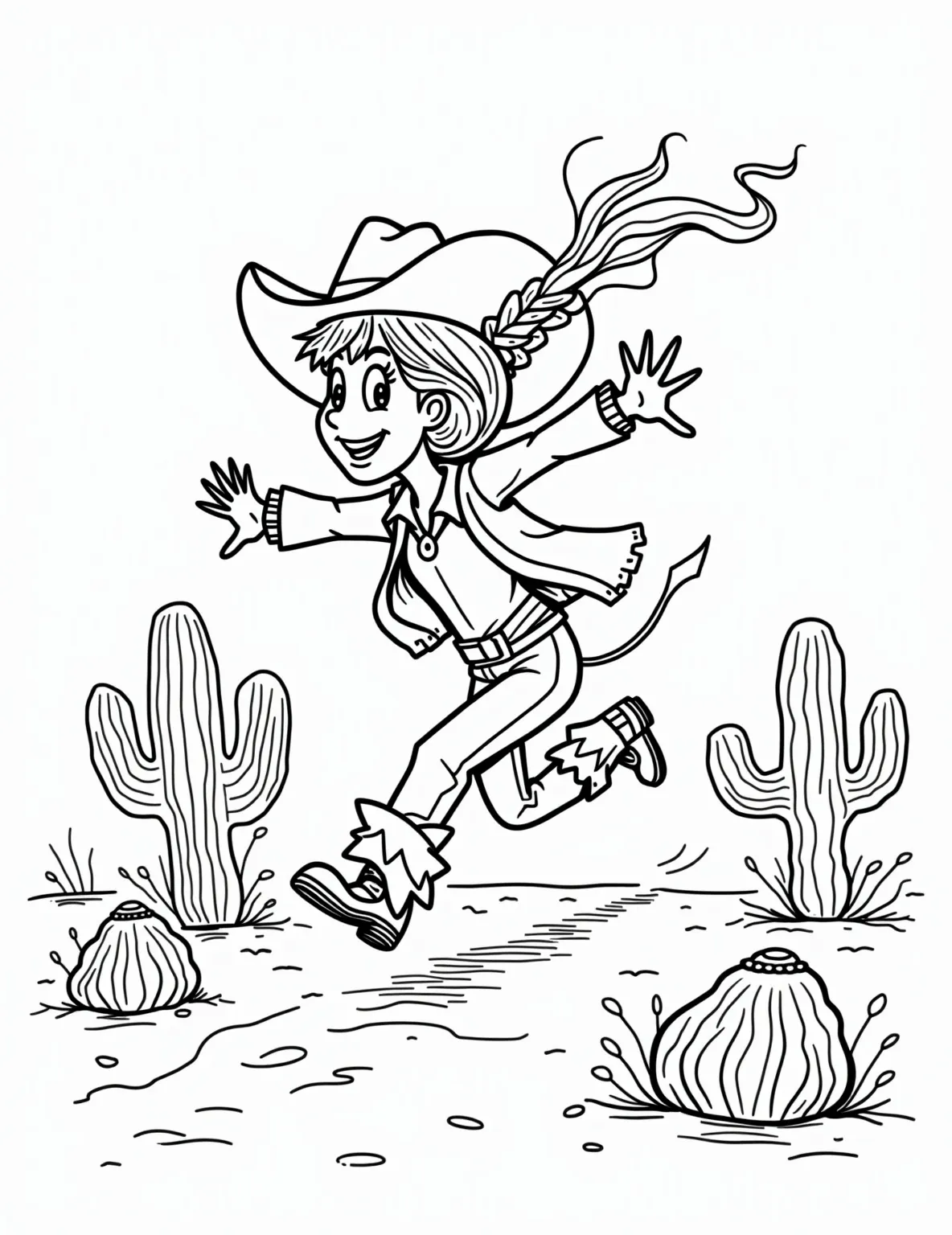 Jessie's Frontier Challenge -- prompt: "black lines only Jessie, the spirited cowgirl, leaps through a Wild West obstacle course. Bold outlines frame cacti, tumbleweeds, and lasso targets. Simplified shapes and patterns create a playful, easy-to-color scene. Jessie's braid swings as she dodges obstacles with a determined grin. flat black lines, premium coloring page, coloring sheet, line drawing, Coloring Book, NO COLOR, NO SHADING, WHITE BACKGROUND. NO GRAY, BLACK AND WHITE, NO COLOR" -- Saddle up for an exciting coloring adventure with Jessie the cowgirl! This detailed page depicts Jessie navigating a Wild West obstacle course, complete with cactus hurdles and lasso targets. Designed for more advanced colorists, this intricate scene offers a perfect blend of action and Western charm.