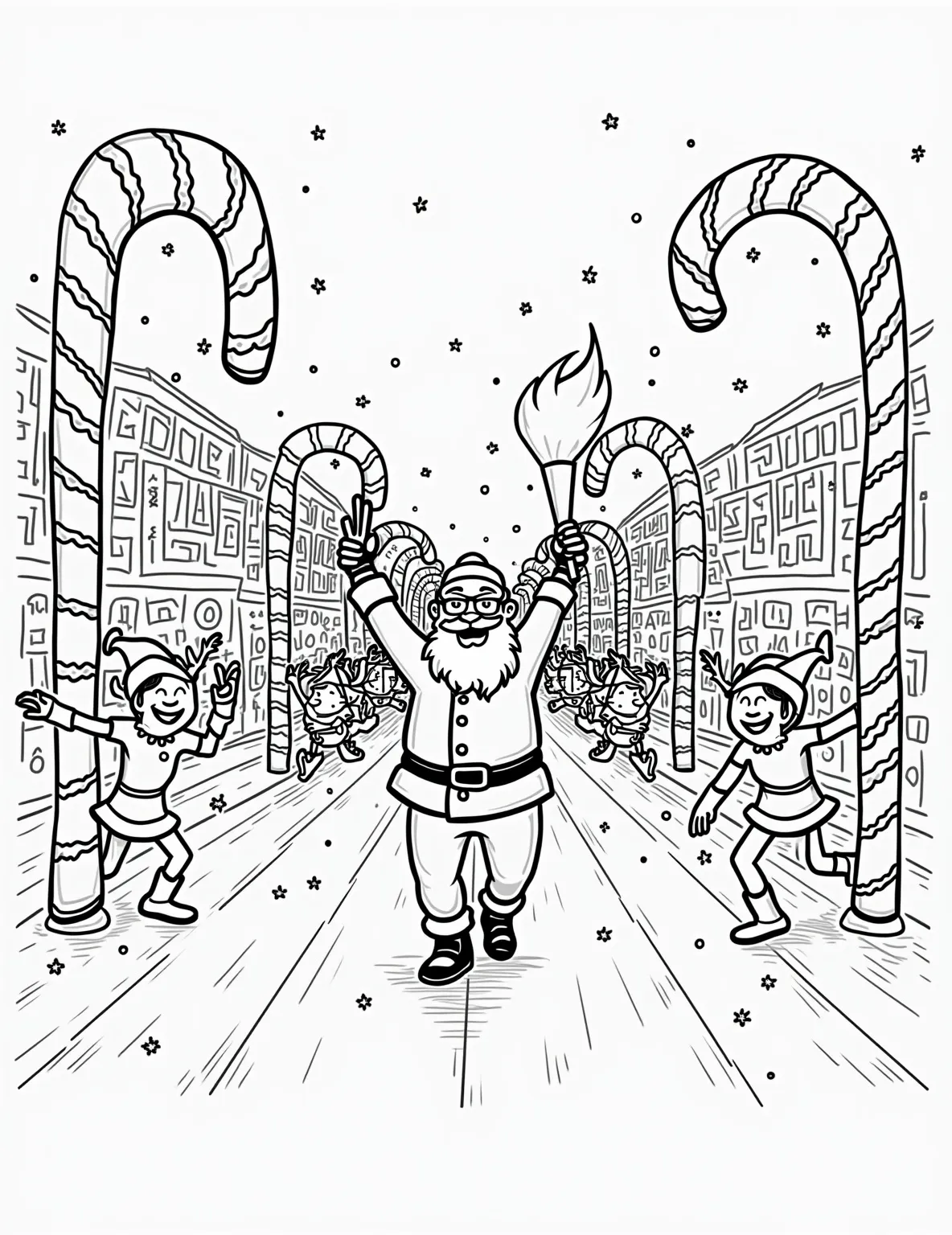 Elf Olympics Opening Ceremony Coloring Page -- prompt: "black lines only Jolly elves parade through candy cane arches at North Pole stadium. Santa, beaming, holds Olympic torch. Reindeer-drawn floats, ice sculptures, and snowflake confetti fill scene. Simplified outlines, bold shapes, empty spaces await colorful crayons. Festive atmosphere radiates from flat black lines, premium coloring page, coloring sheet, line drawing, Coloring Book, NO COLOR, NO SHADING, WHITE BACKGROUND. NO GRAY, BLACK AND WHITE, NO COLOR" -- Witness the spectacle of the Elf Olympics Opening Ceremony! Elf athletes parade around a snow-covered stadium, carrying flags representing different North Pole regions. Santa lights the Olympic candy cane torch as fireworks explode in the background.